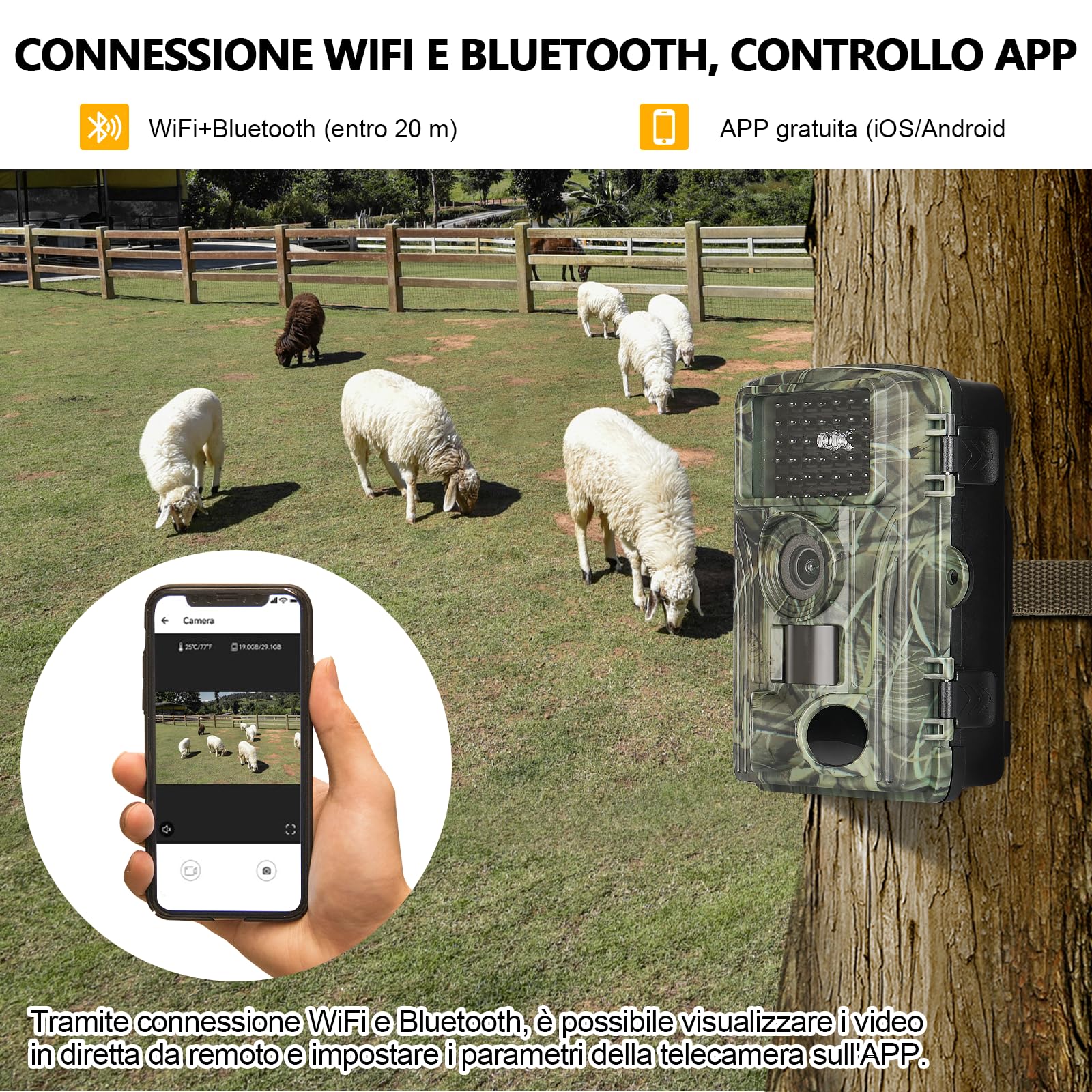 Fototrappola WiFi, 4K Fotocamera Caccia 60MP, 32GB Fototrappola Notturna con IR Visione 120 Fototrappole Infrarossi Invisibili Trappola di Sorveglianza con LCD 2.0" per Animali Movimento Attivato