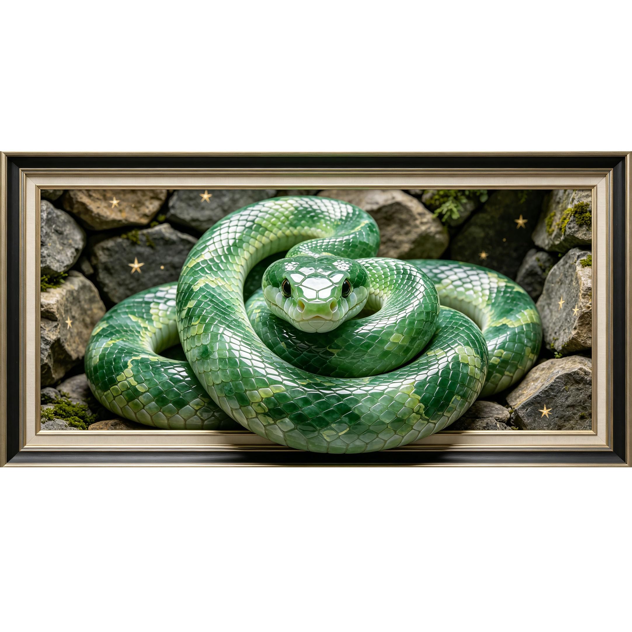 Agglomerix 3D Framed Wall Art Jade Green Snake on Stone Rocky Forest Trompe l’oeil Texture Effect Large Size Self-Adhesive Removable Wall Decor Prints Artwork for Living Room Bedroom Office