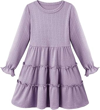 Toddler Girls Long Sleeve Dresses Crewneck Tiered Ruffle A-Line Dress Fall Winter Outfit Clothes