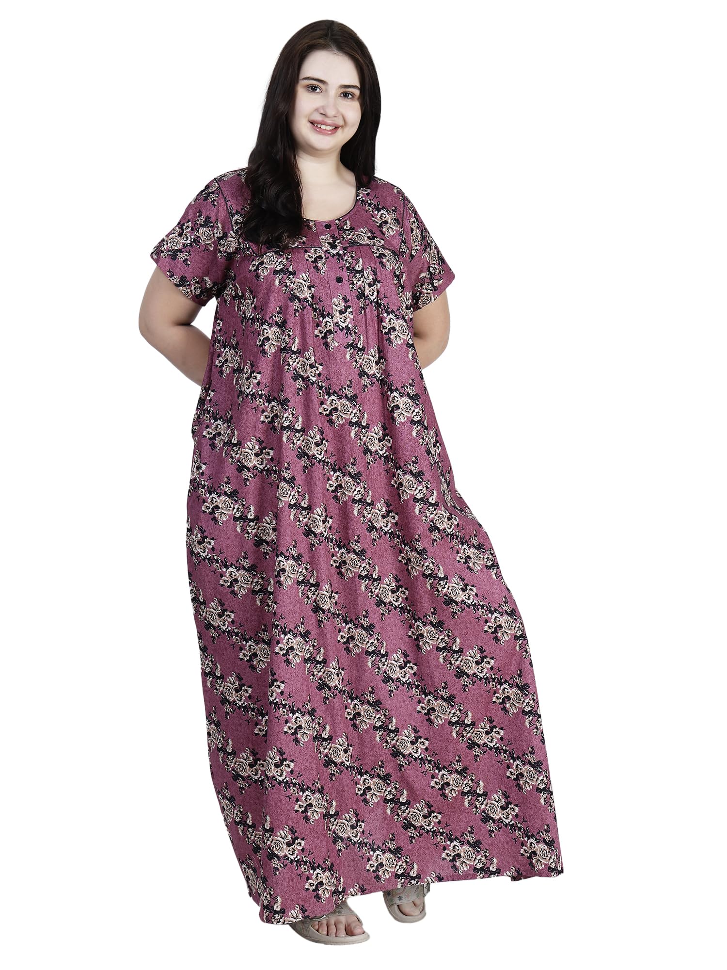 osf Women's Printed Cotton Floral Maxi Round Neck Full Length Nightwear Night Gown Nighty (Pack of 1, NW0396)-picture-36