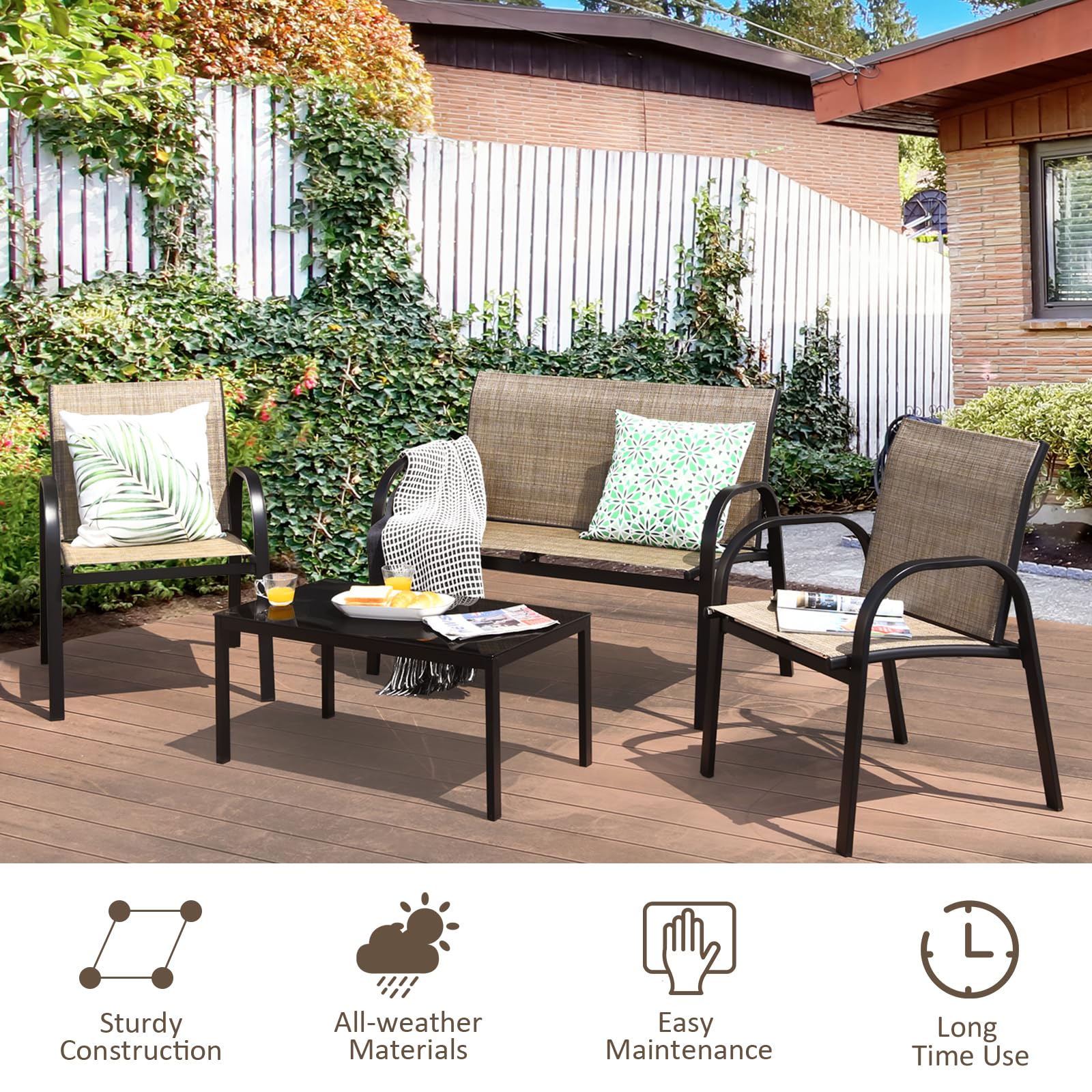 KOMFOTTEU Ensemble de Salon de Jardin 4 Pièces pour 4 Personnes, Mobilier d’Extérieur avec 2 Chaises, 1 Canapé et 1 Table Basse, Meubles de Terrasse pour Cour, Patio, Balcon (Marron)