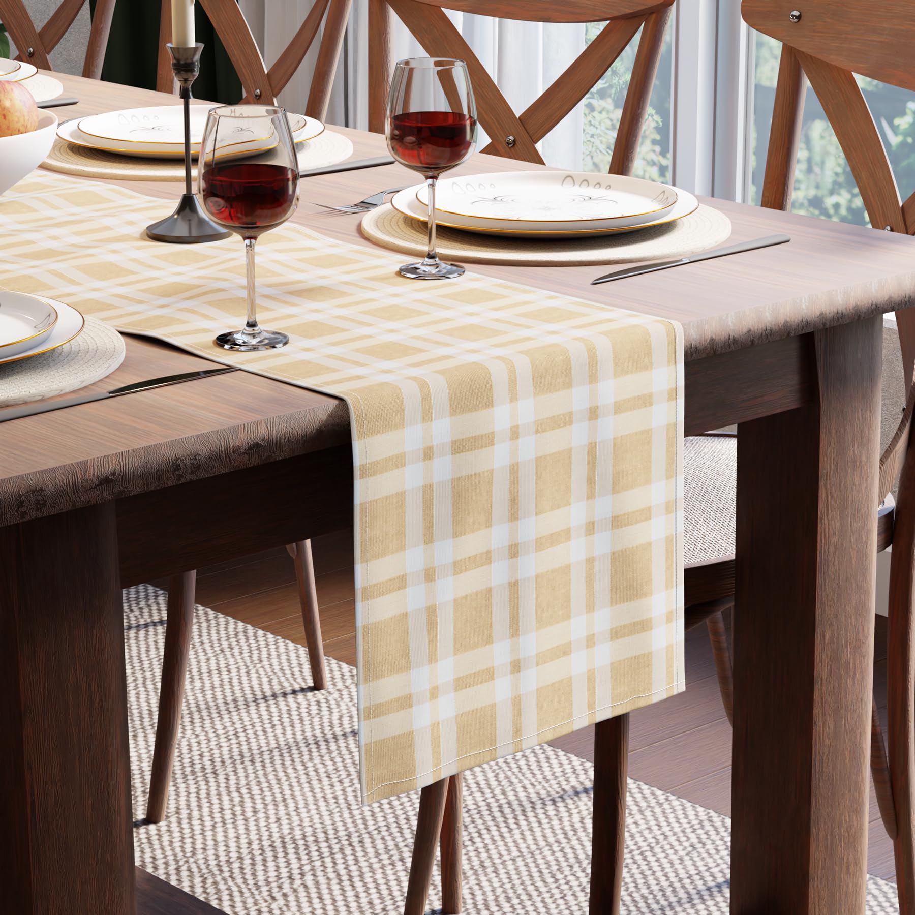 Encasa XO Cotton Dining Table Runner, Checks & Stripes 32x240 cm Beige