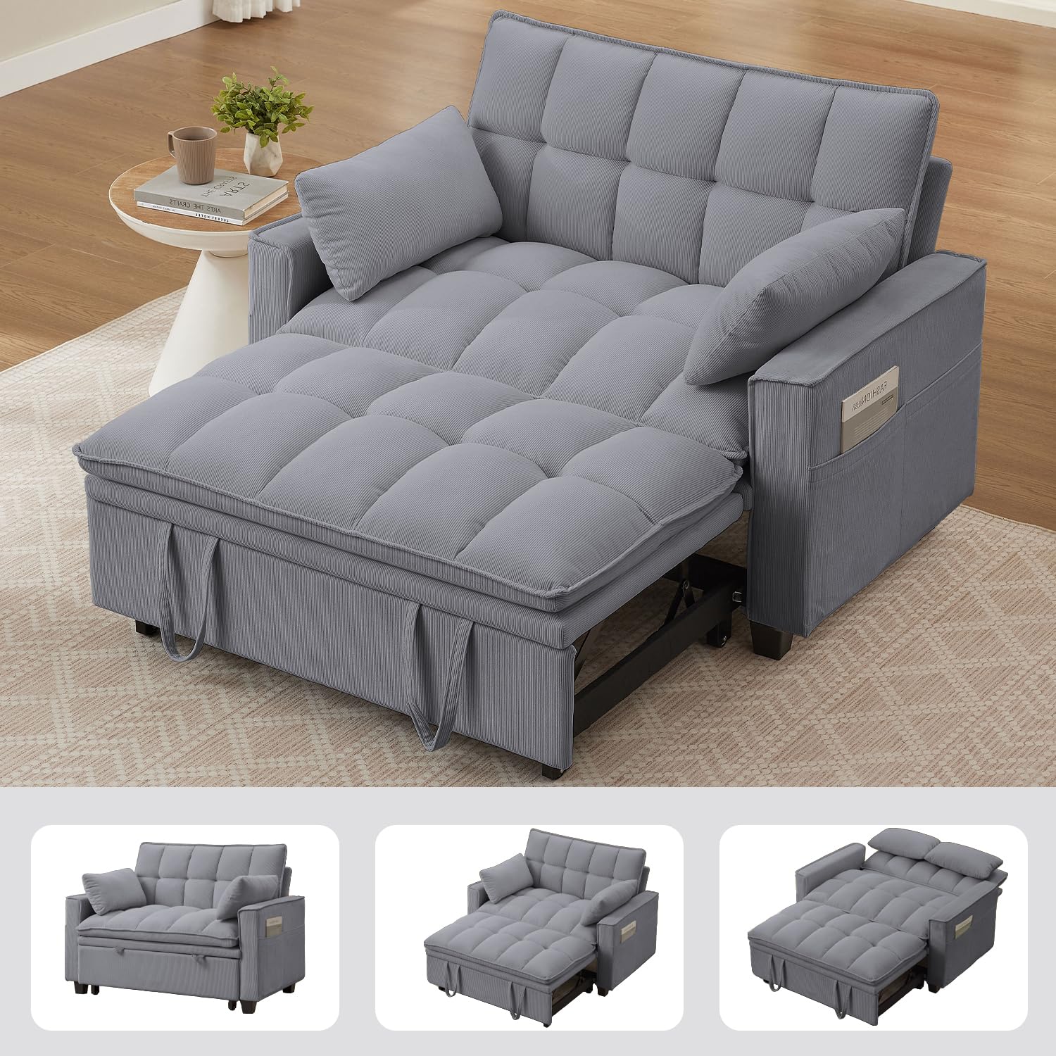 Sleeper Sofa with Pull Out Couch Bed, 48" Convertible Pull-Out Sofa Bed Chair, 3-in-1 Futon Couch with Reclining Backrest and Side Pockets for Living Room Bedroom Apartment, Light Grey