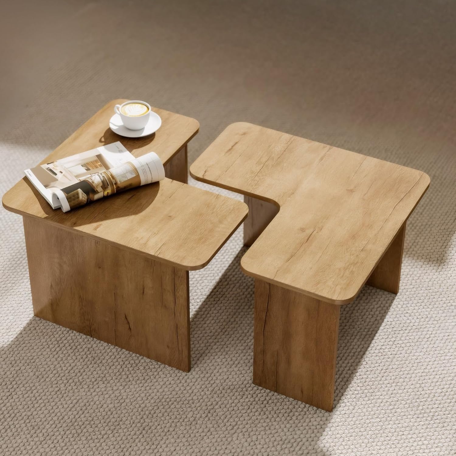 Modern Nesting Coffee Table Set of 2, Walnut Wooden L-Shape Square Coffee Table, Small Center Table End Table Sets with Rustic Wood Grain for Living Room Bedroom Office Cafe