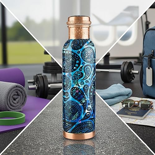 Miniatura 4 de Botella de agua de cobre con estampado puro, a prueba de fugas, recipiente de cobre ayurvédico para deportes, gimnasio, aire libre, yoga, beneficios