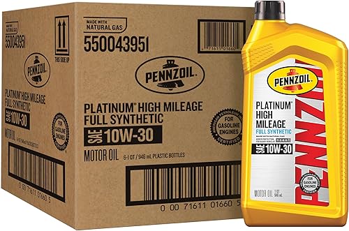 Pennzoil Platinum High Mileage Full Synthetic 10W-30 Aceite totalmente sintético para motor de gasolina, 1 qt (caja de 6)