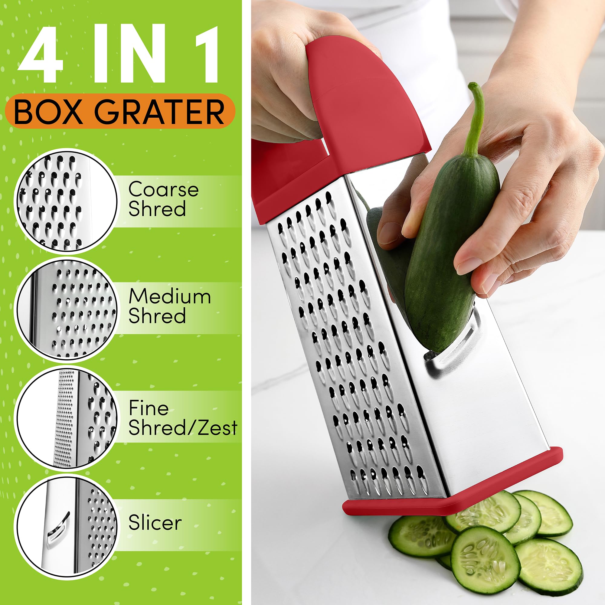 Spring Chef Grattugia Professionale XL 4 Lati In Acciaio Inox – Multigratta Per Formaggio, Verdure, Zenzero – Manico Largo, Base Antiscivolo, Lavabile In Lavastoviglie
