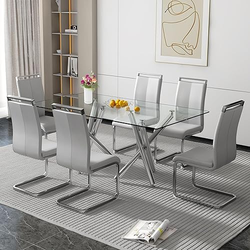 Miniatura 7 de Juego de 6 mesas de comedor de cristal, moderno juego de mesa de comedor de vidrio templado rectangular transparente de 71 pulgadas y 6 sillas de