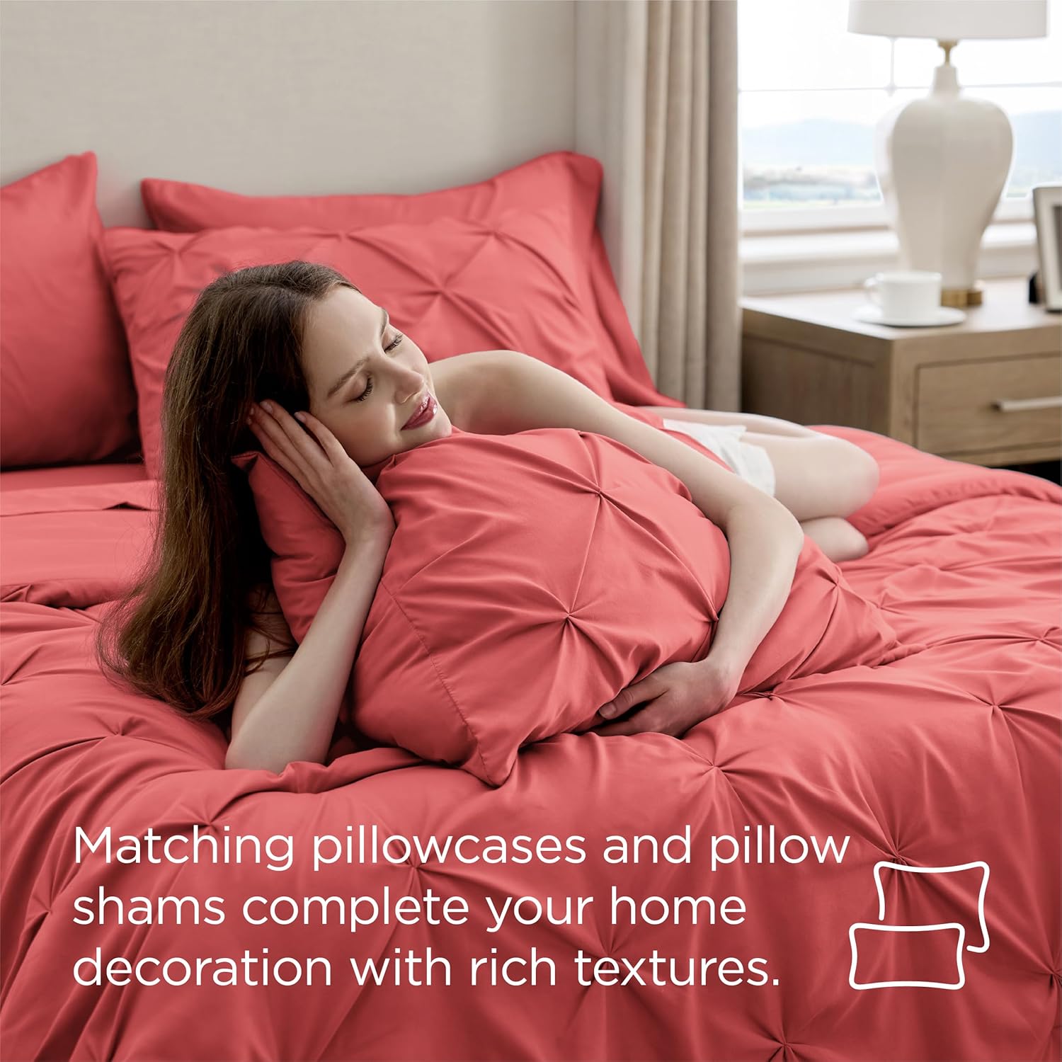 Bedsure Queen Comforter Set Coral Red - Bed in a Bag Queen Size Bedding 7 Pieces, GentleSoft™ Pintuck Bed Set Gift for Family, Pinch Pleat All Season Comforter with Sheets, Pillowcases & Shams - Image 8