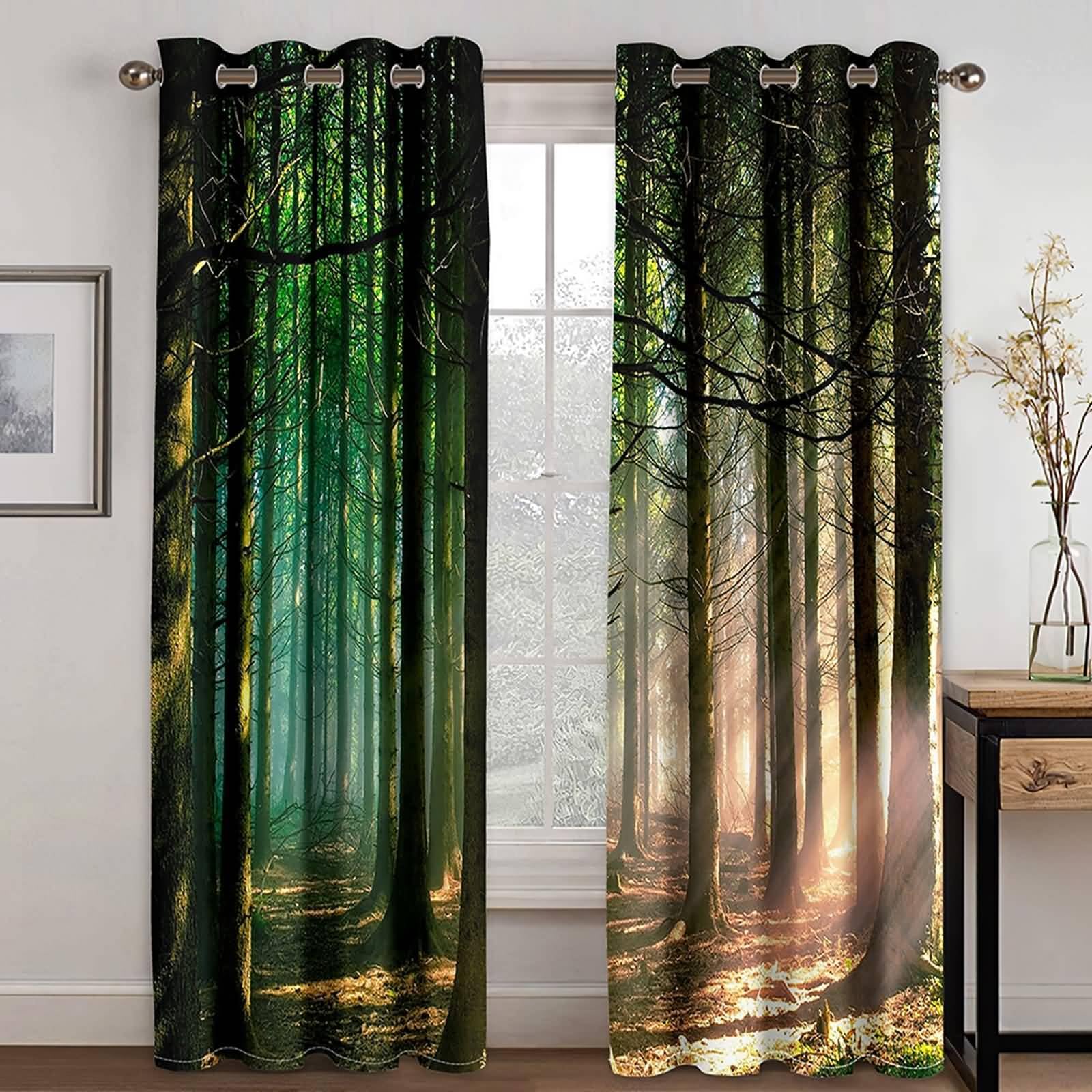 Vorhänge Schlafzimmer Modern, 96x229cm Schwarz Grün Baum Wald Landschaft Vorhang für Wohnzimmer