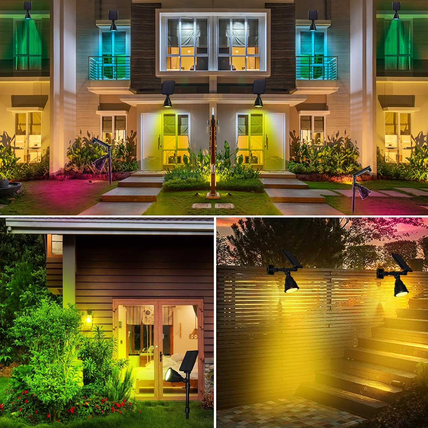 Solar Outdoor Spotlights - 18 LED, 600 Lumens, Waterproof, 7 Colors Adjustable for Year Round Patio, Garden, and Landscape Festive Lighting (2 Pack)