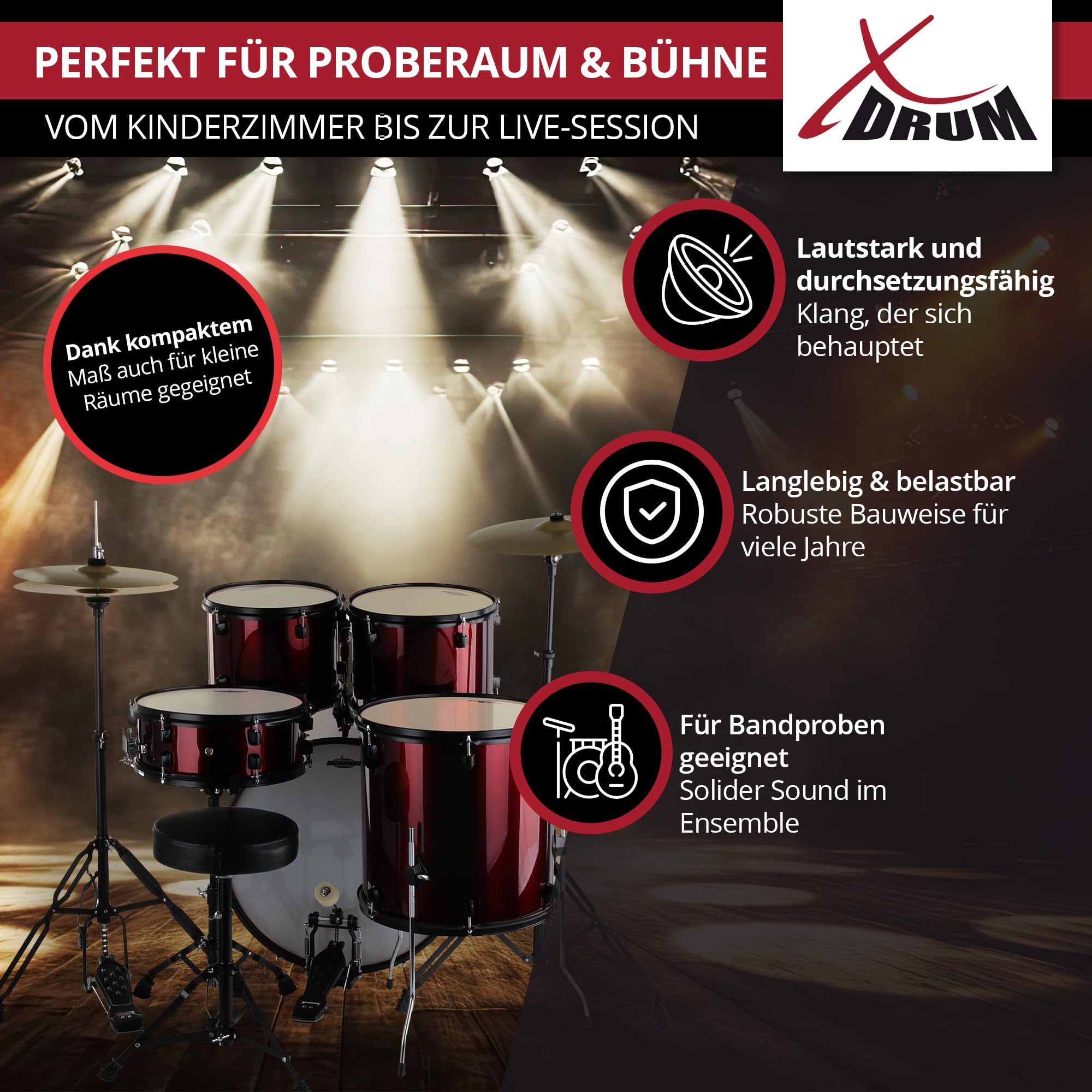 XDrum Rookie Schlagzeug Set Drumset Rot (20" BD, 10", 12", 14" TT, 14" SD, Übungsbecken bestehend aus einem Satz Hi-Hat-Becken 14" und 1 Crash-Ride-Becken 16", inkl. Schule und Schlagzeugdämpferset)