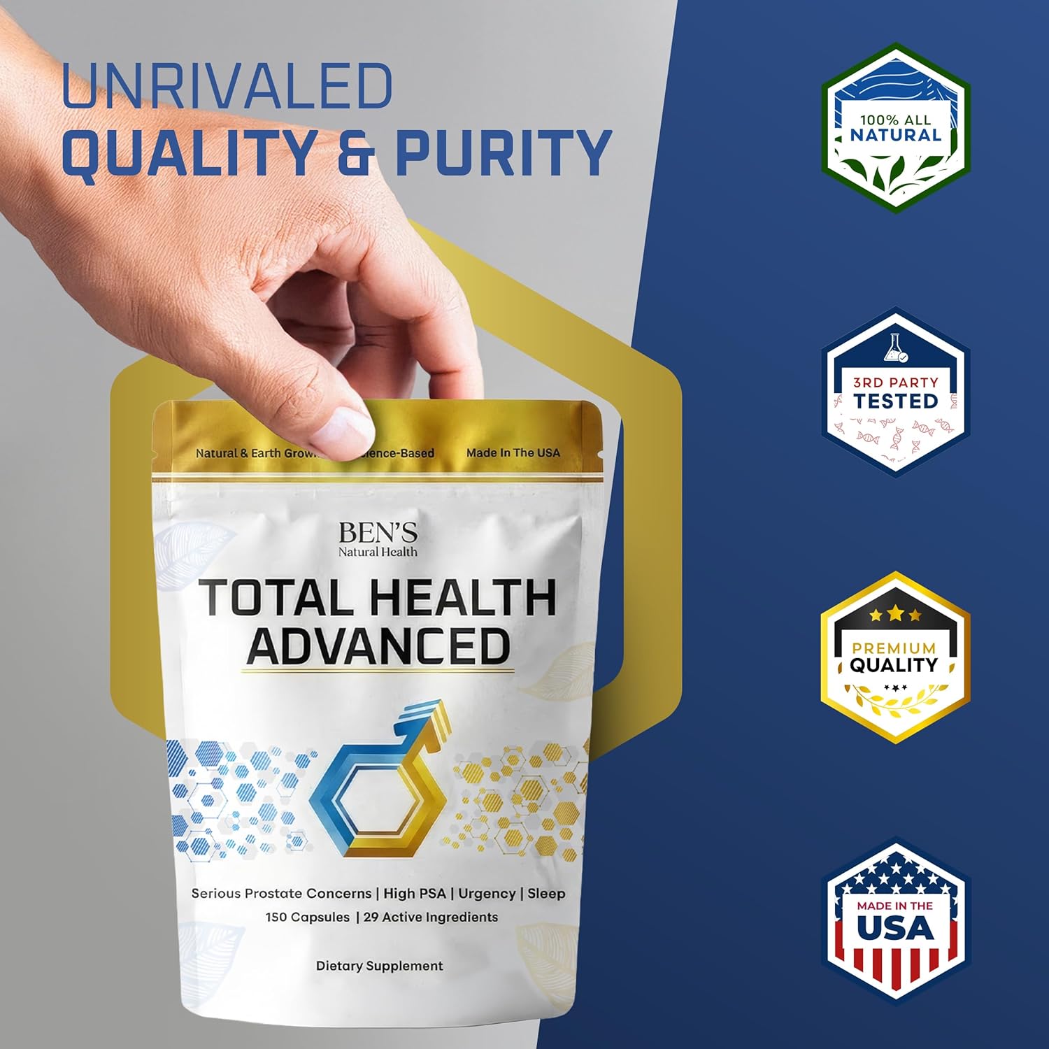 Ben's Natural Health Total Health Advanced, Prostate Support Supplement with 29 Ingredients Beta‑Sitosterol, Vitamins C, D, E, Zinc, Pygeum, Turmeric, Holy Basil, 150 Capsules, 3 Pack