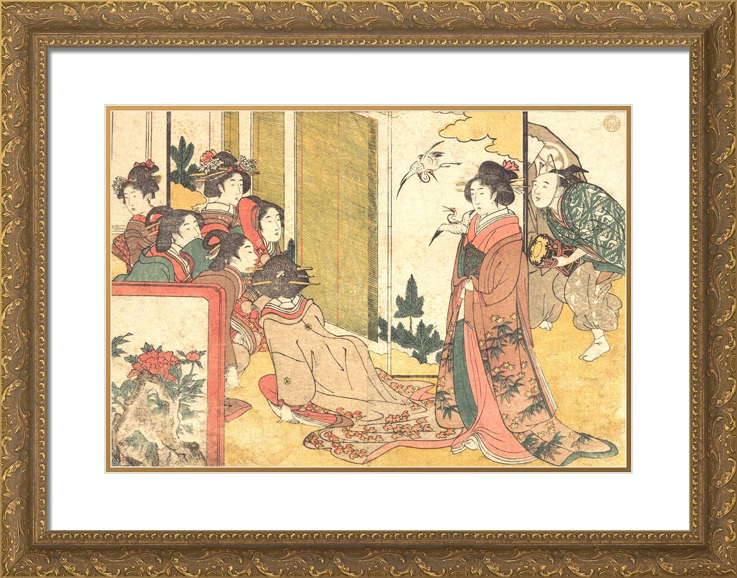 ArtDirect Utamaro, Kitagawa 24x19 Gold Ornate Framed Art Print with Double Matting Titled: Girls Entertained by Performers