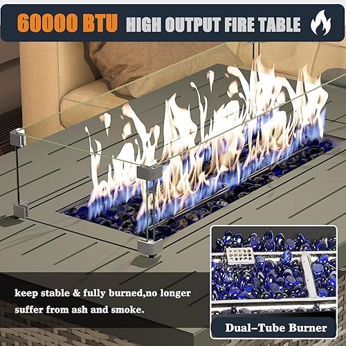 Miniatura 22 de Mesa de fogata de gas propano de 44 pulgadas para patio exterior, 60000 BTU rectangular de mimbre al aire libre con protector de viento de vidrio