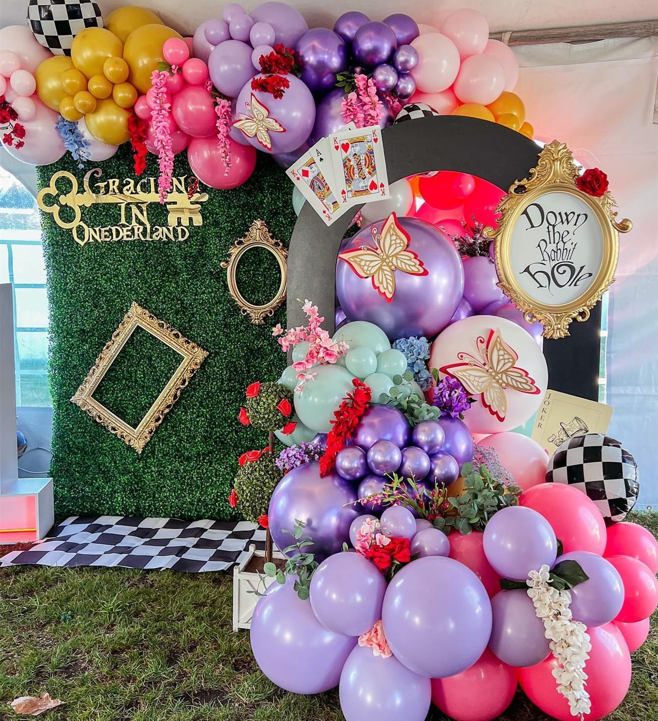 Enanal Alice in Wonderland Balloon Garland Arch Kit, 163pc Purple Pink Rainbow Balloons with Chessboard Balloons for Summer Tea Party Onederland Birthday Baby Shower Party Decorations