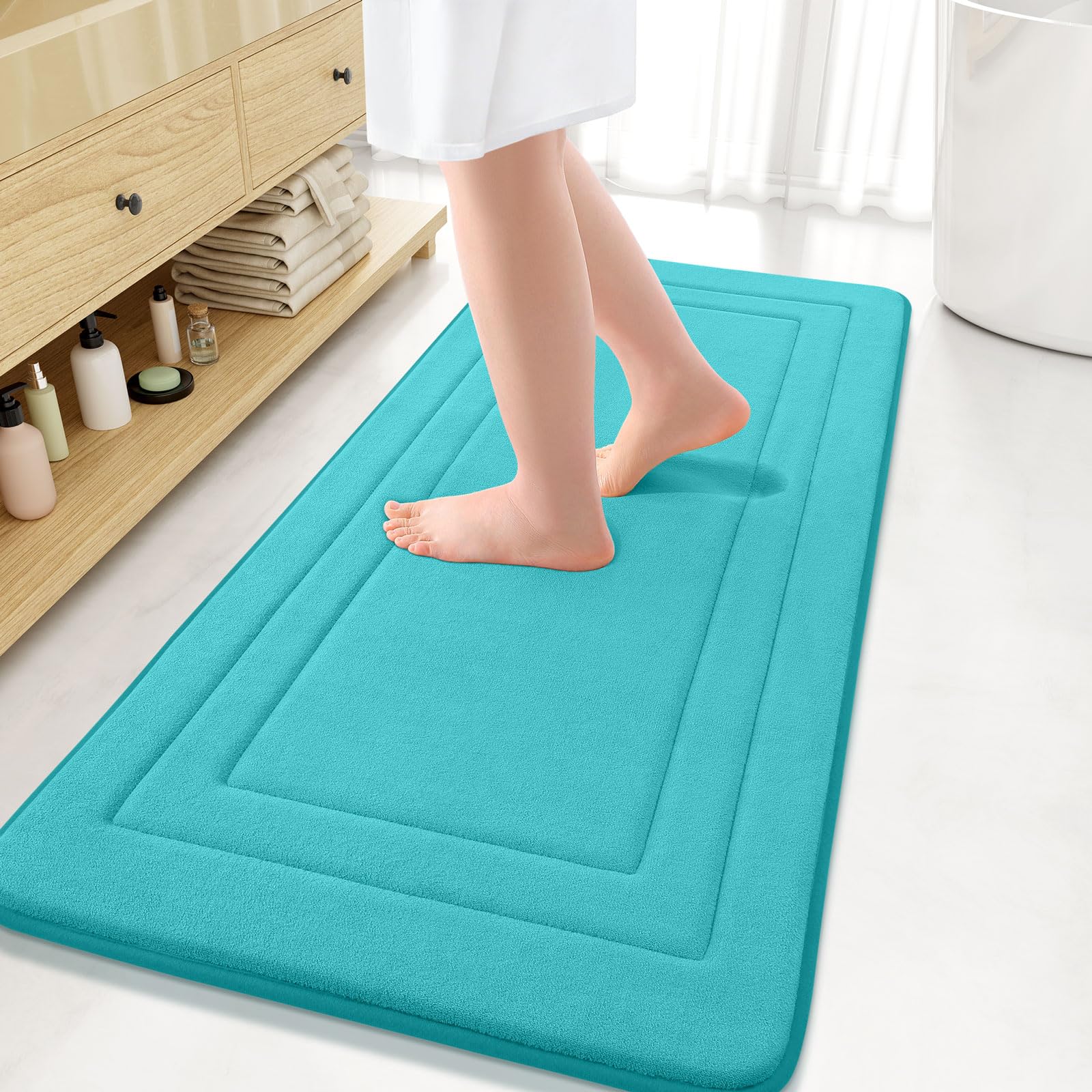 arotive memory foam bathroom rug mat 47x20, ultra soft and absorbent bath mat, machine wash dry, comfortable bath rug carpet for bathroom floor, tub and shower, teal
