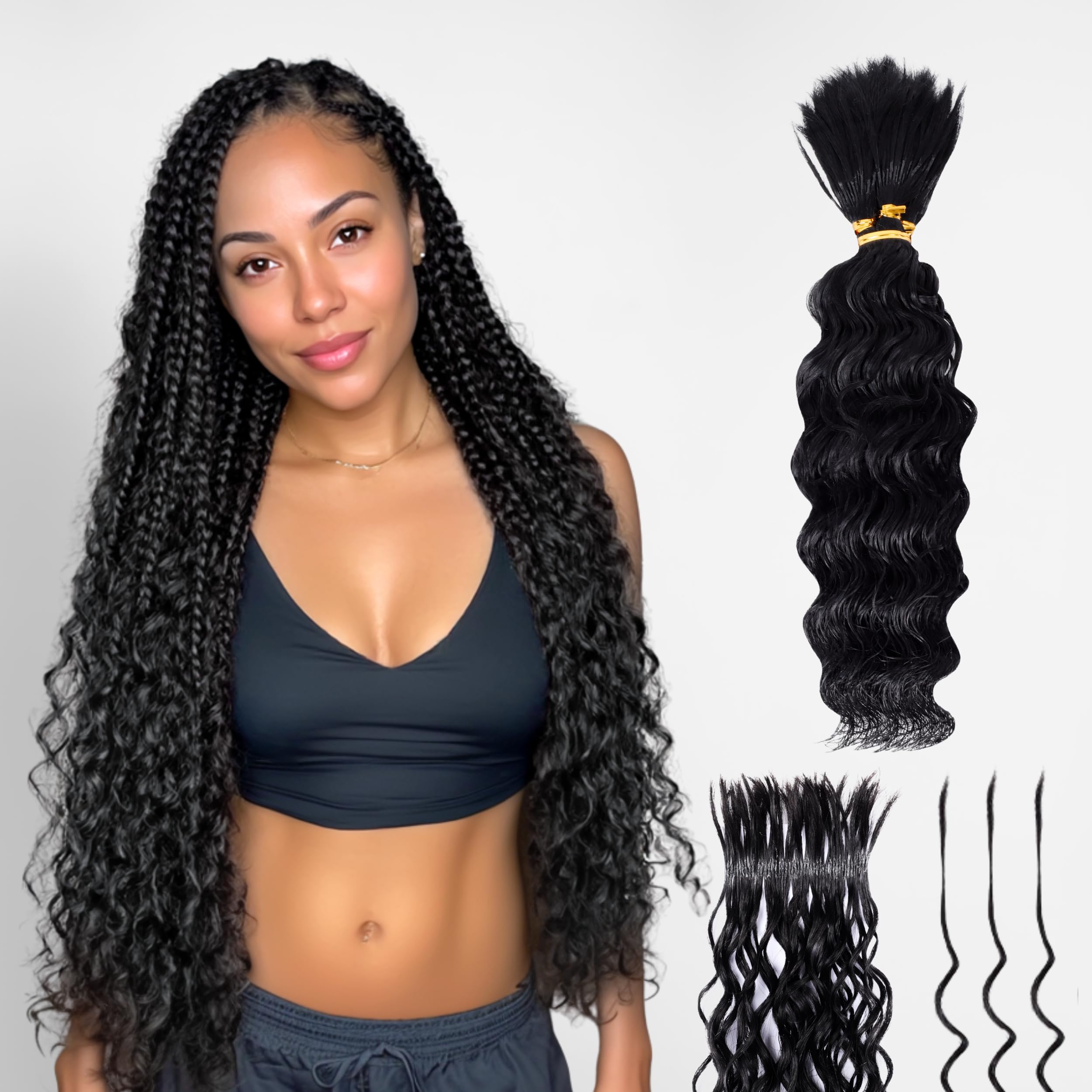 Pre-Divided Human Braiding Hair for Curly Boho Braids Bulk Pre-streached Deep Water Wave bulk Braiding Hair for Boho Braids Wet and Wavy Hair