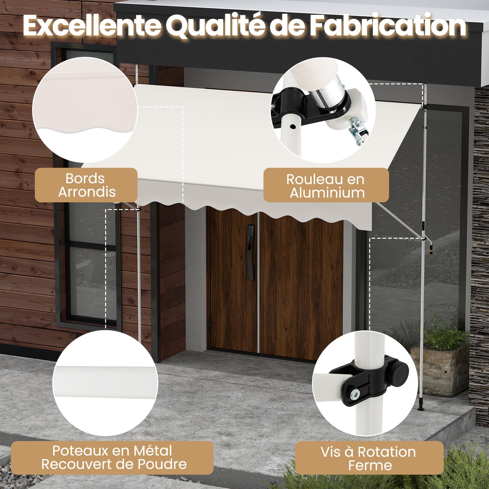 RELAX4LIFE Store Banne Manuel Rétractable avec Manivelle | Auvent Rétractable Résistant aux UV, Imperméable | Hauteur&Angle Réglable | Store Banne sans Percage pour Balcon, Terrasse (3x1,8 M,Blanc)
