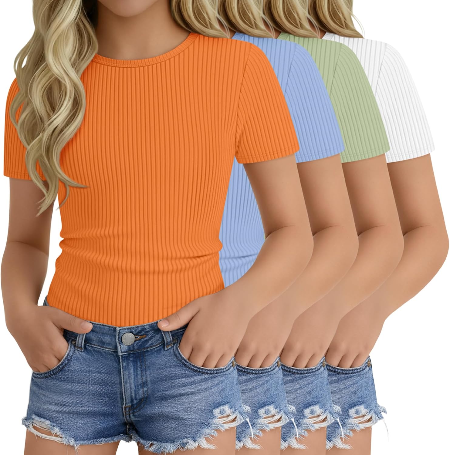 Oakgarden 4 Pack Girls' Short Sleeve Shirts Ribbed Knit Crew Neck Tops Slim Fit Casual T-Shirt Kids Summer Basic Tees 5-14Y