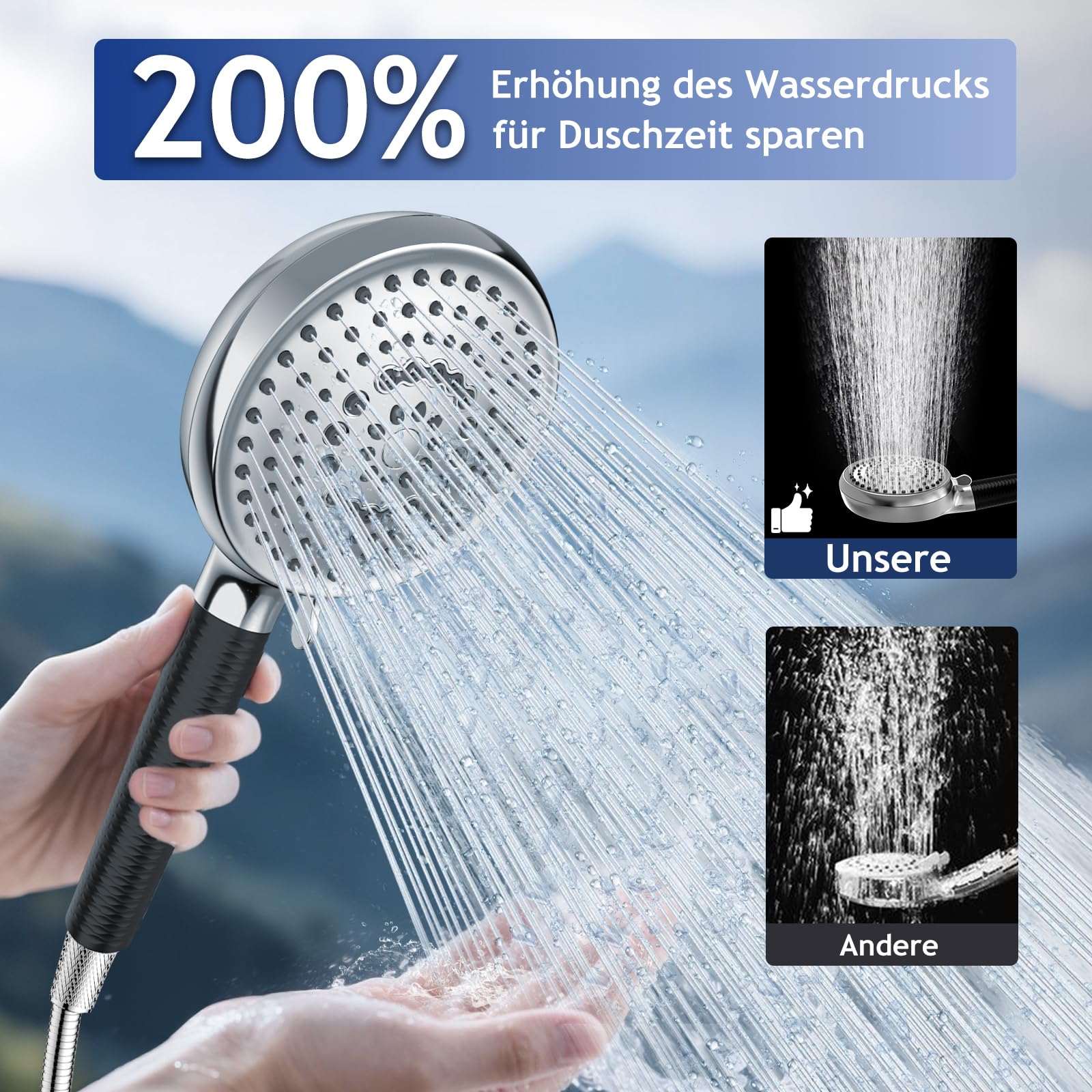 FEELSO Douchekop met filter tegen kalk en chloor, grote douchekop met 1,5 m slang en 9 straalsoorten, hogedruk handdouche met filtratie in 20 lagen voor waterbesparing