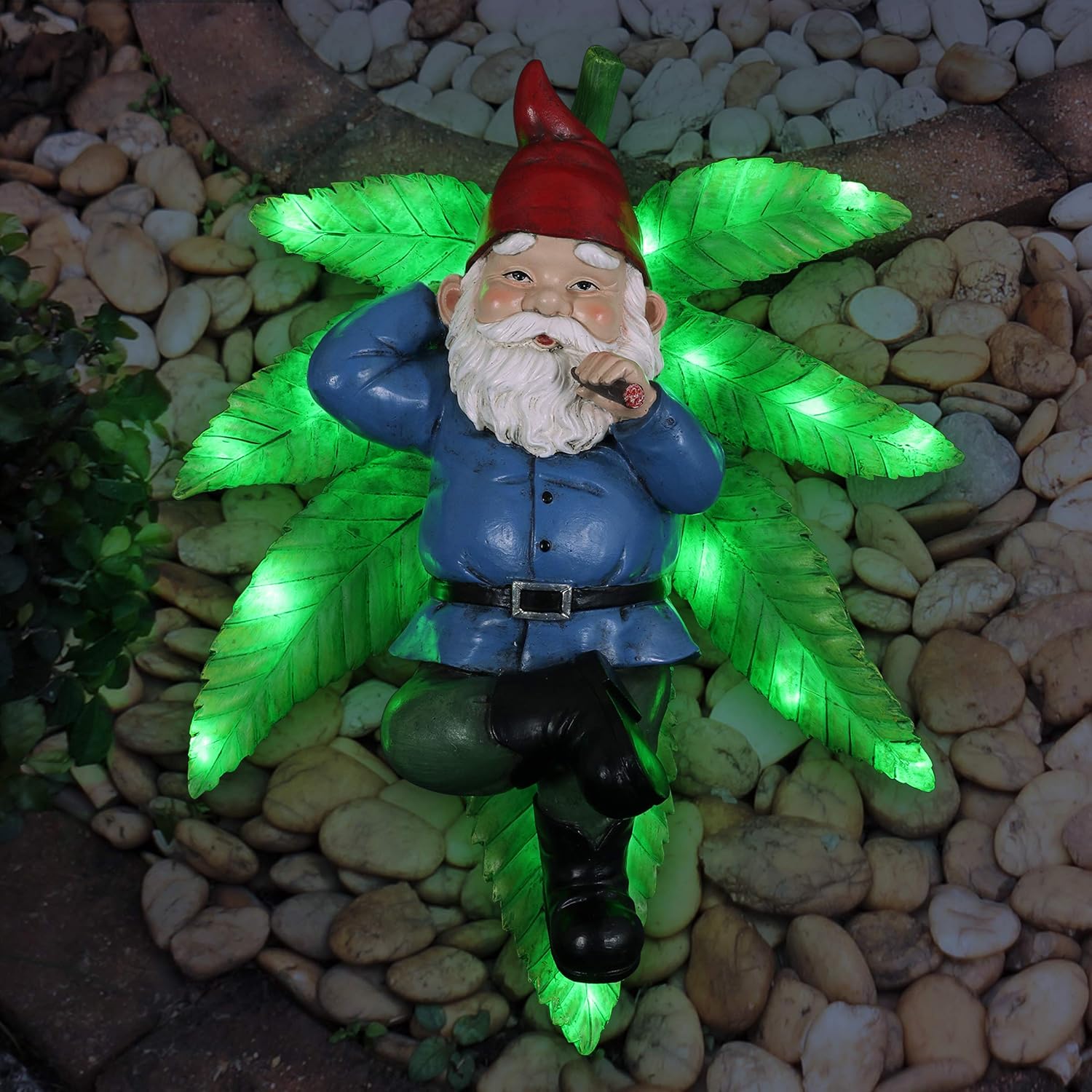 Exhart Smoking Garden Gnome Statue with LED Light-Up Pot Leaf, Battery Powered Timer, Durable Resin Outdoor Decor, Funny Gnomes Yard Art, 12.5 x 9.5 x 5 Inch