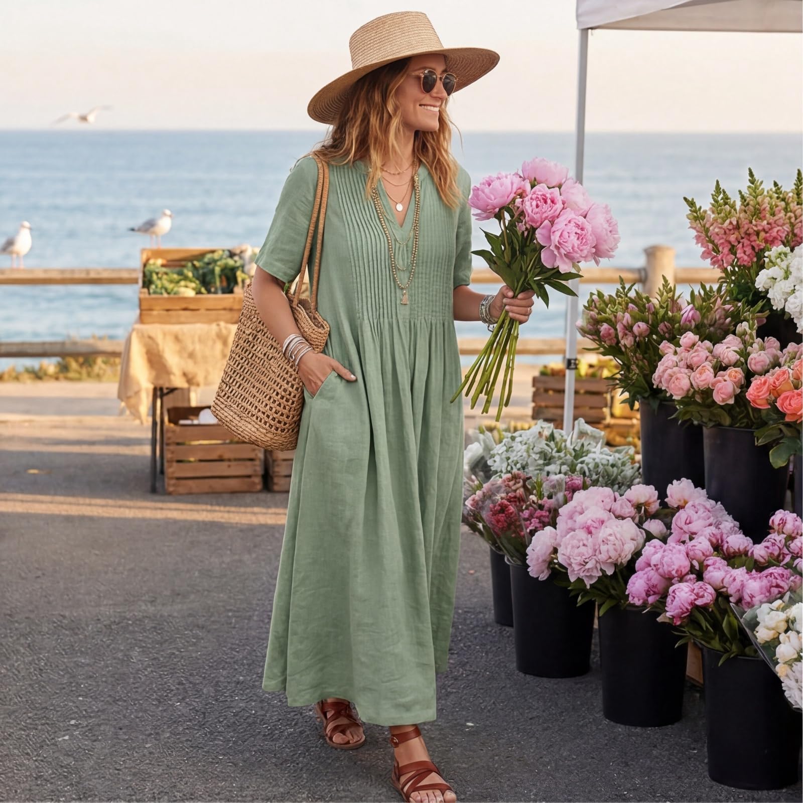 Maxikleider Damen Sommer mit Ärmel Sommerkleid Lang Elegant Plissee Kleid Kurzarm V Ausschnitt Kleider Baumwolle Leinen Sommerkleider Leicht Und Luftig A Linie Damenkleider mit Taschen Casual