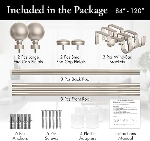 Miniatura 2 de Meriville Barra de cortina telescópica de doble ventana de 1 pulgada de diámetro, 84 a 120 pulgadas, peltre