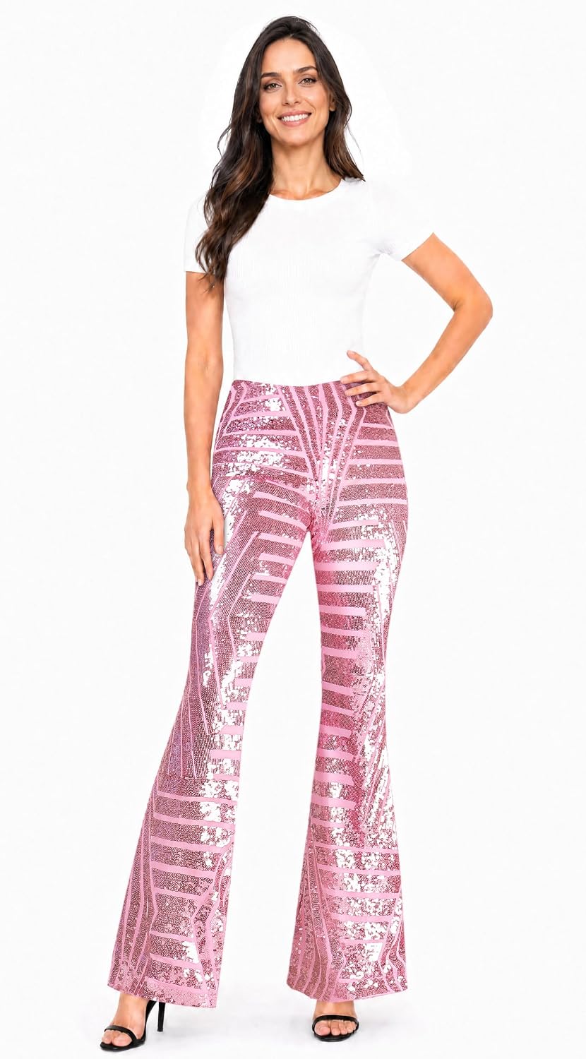Women's 70s Disco High Waist Bell Bottom Sparkly Pants，70s Disco Party Clubwear Outfits for Women