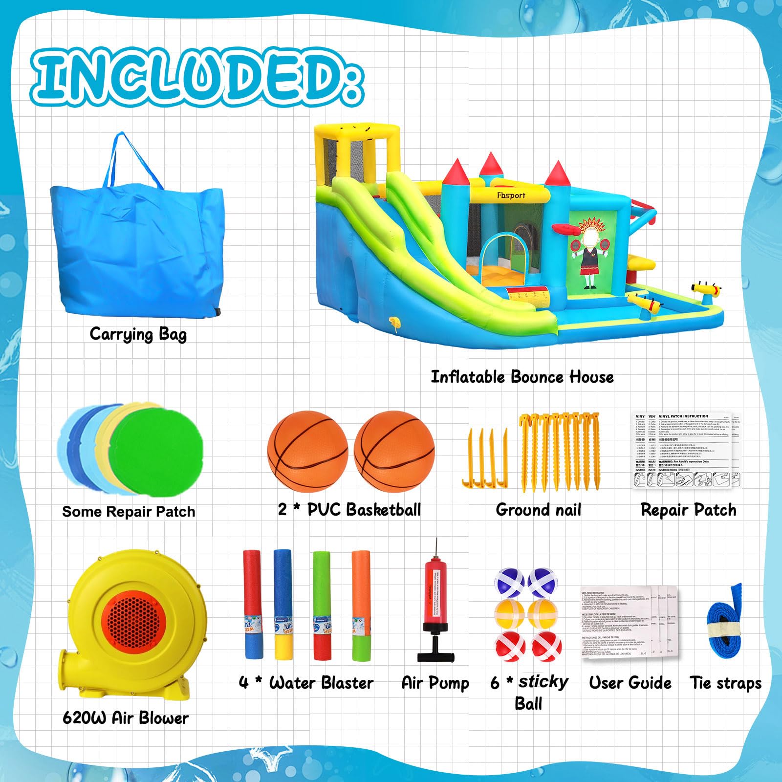 FBSPORT château Gonflable Exterieur Enfant avec souffleur Aire de Jeux Gonflable Adulte Grand château Gonflable Piscine Meilleur Cadeau de Vacances/d'anniversaire pour Les Enfants