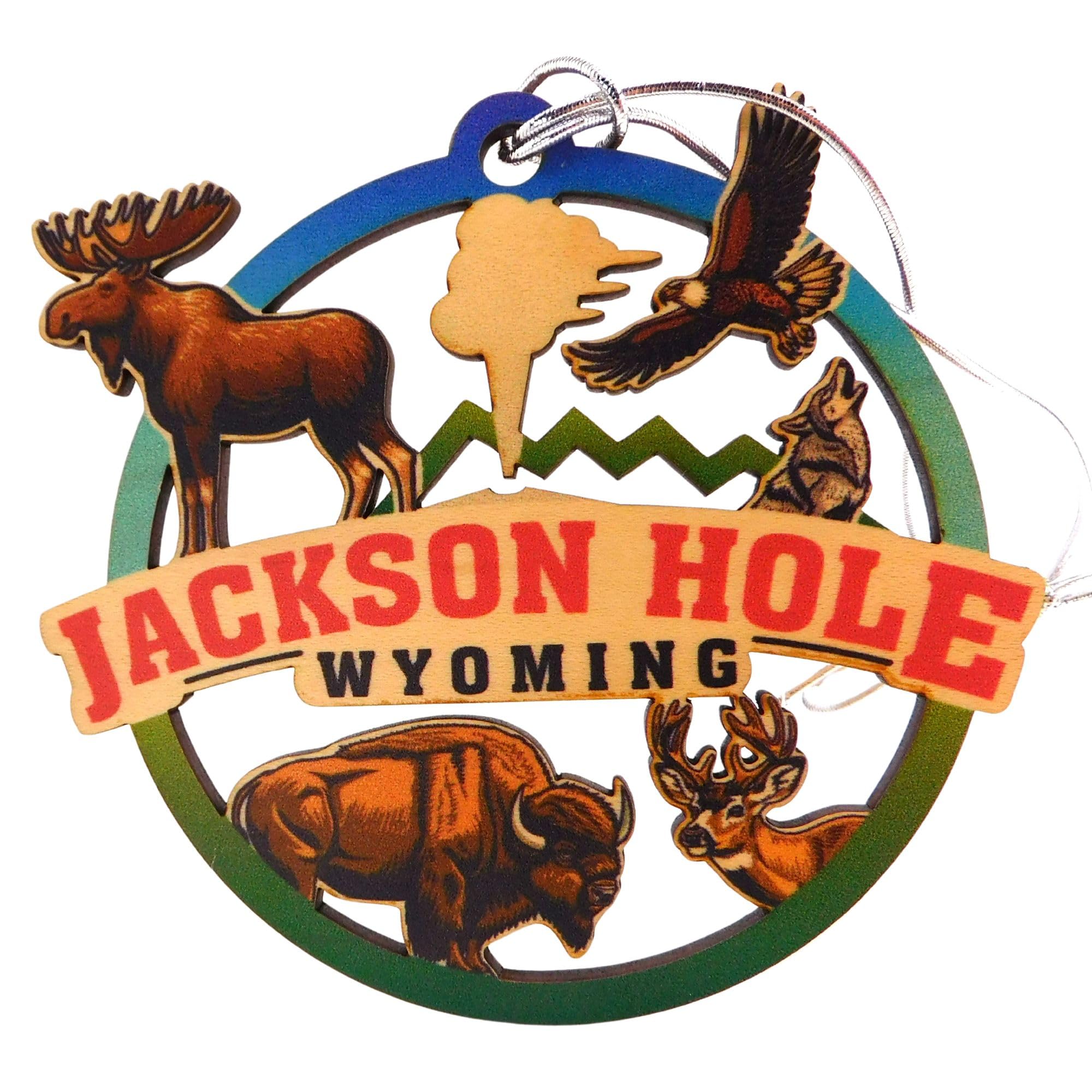 Jackson Hole Ornament Wyoming Souvenir Colorful Wooden Christmas Tree Decoration with Moose, Made in The USA
