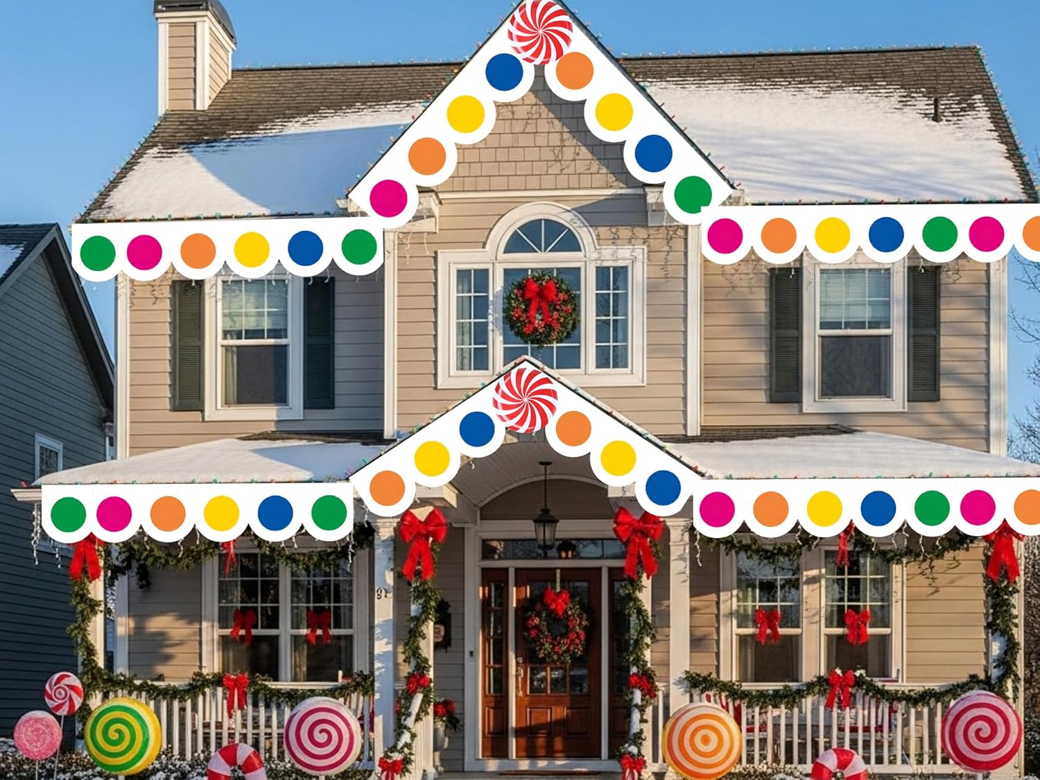 16 Pcs Christmas Gingerbread House Decoration 52 x 11.8 Inch Gingerbread House Banner Front Door Cover with Candy Sticker for Christmas Arch Candy Outdoor Party Yard Decor