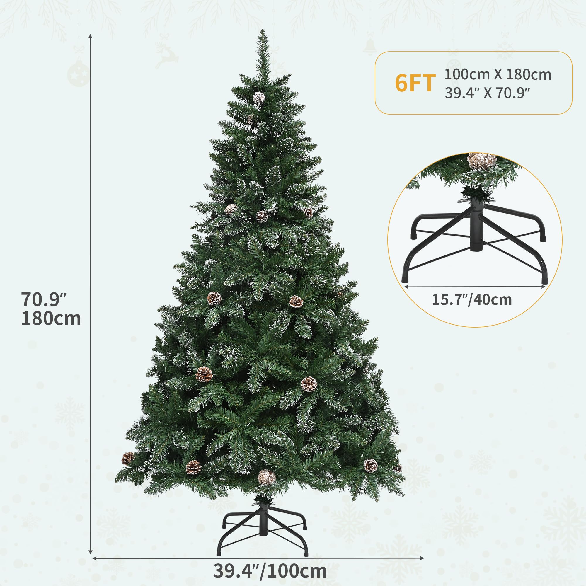 YITAHOME 182cm Künstlicher Weihnachtsbaum mit Schnee & Kiefernzapfen, ca. 880 Spitzen, Naturgetreu Tannenbaum mit Metallständer & Klappsystem, Schnellaufbau für Zuhause Geschäfte, 182 x Φ105cm