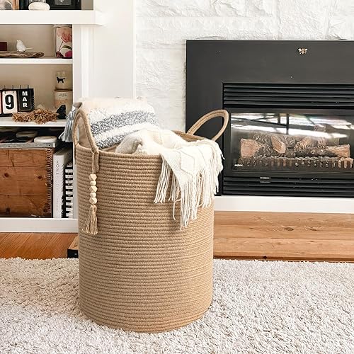 Miniatura 2 de Goodpick Cesta alta de mimbre para lavandería con asas, cesta de almacenamiento decorativa bohemia para sala de estar, dormitorio, entrada, baño,