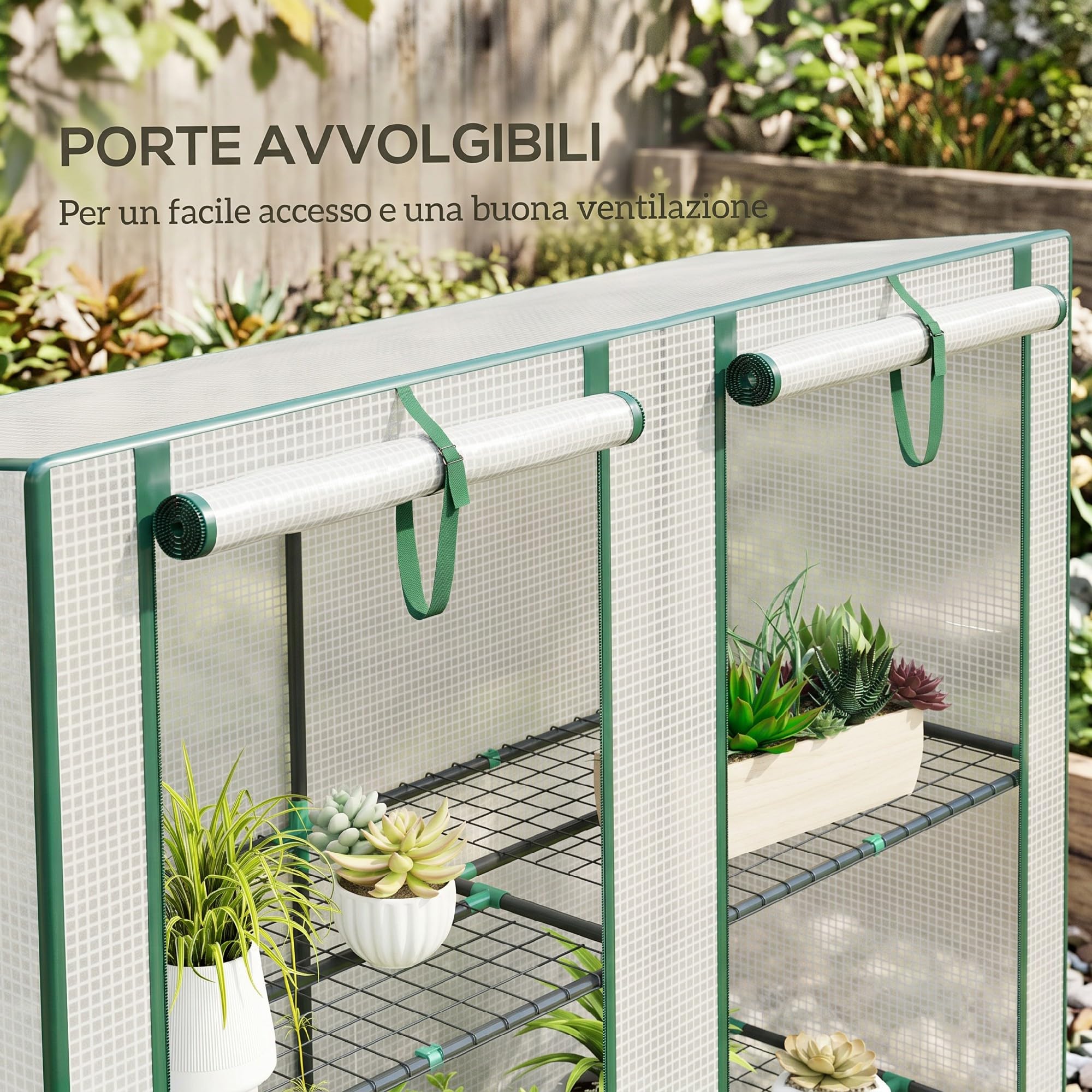 Outsunny Serra da Giardino con 2 Porte Avvolgibili, Scaffale a 3 Ripiani e Tasche Laterali, Struttura in Acciaio e Copertura in PE, Serra per Orto per Piante e Fiori, Protezione Anti UV, Bianco Verde