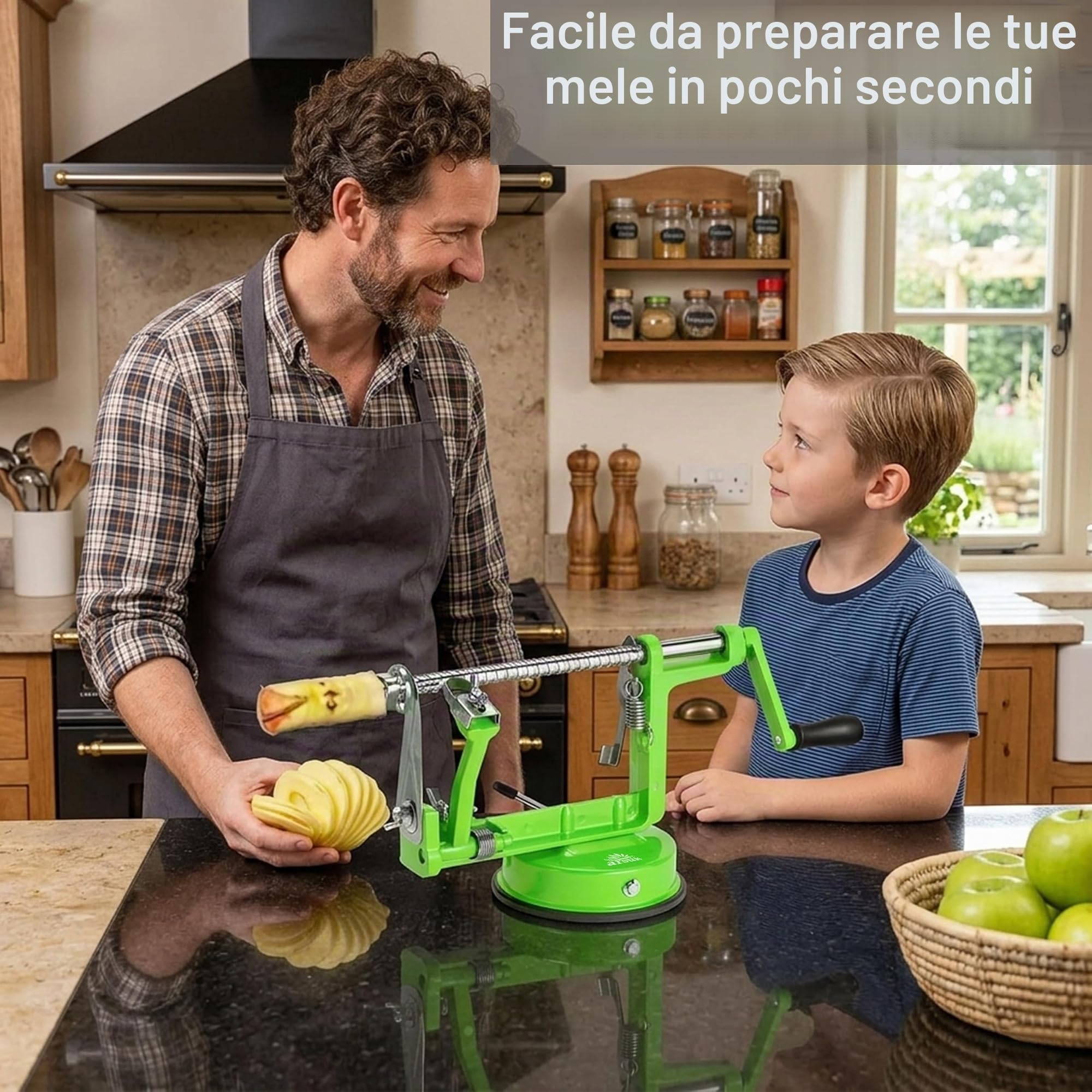 ARSUK Sbuccia Mela - Pelatore, Affettatore e Levatorsoli, Pelapatate Frutta Verdure e Patate Pela 3 in 1 - Pelamele Macchina, Corpo Ghisa, Lama Regolabile in Acciaio Inox, Base a Ventosa Antiscivolo
