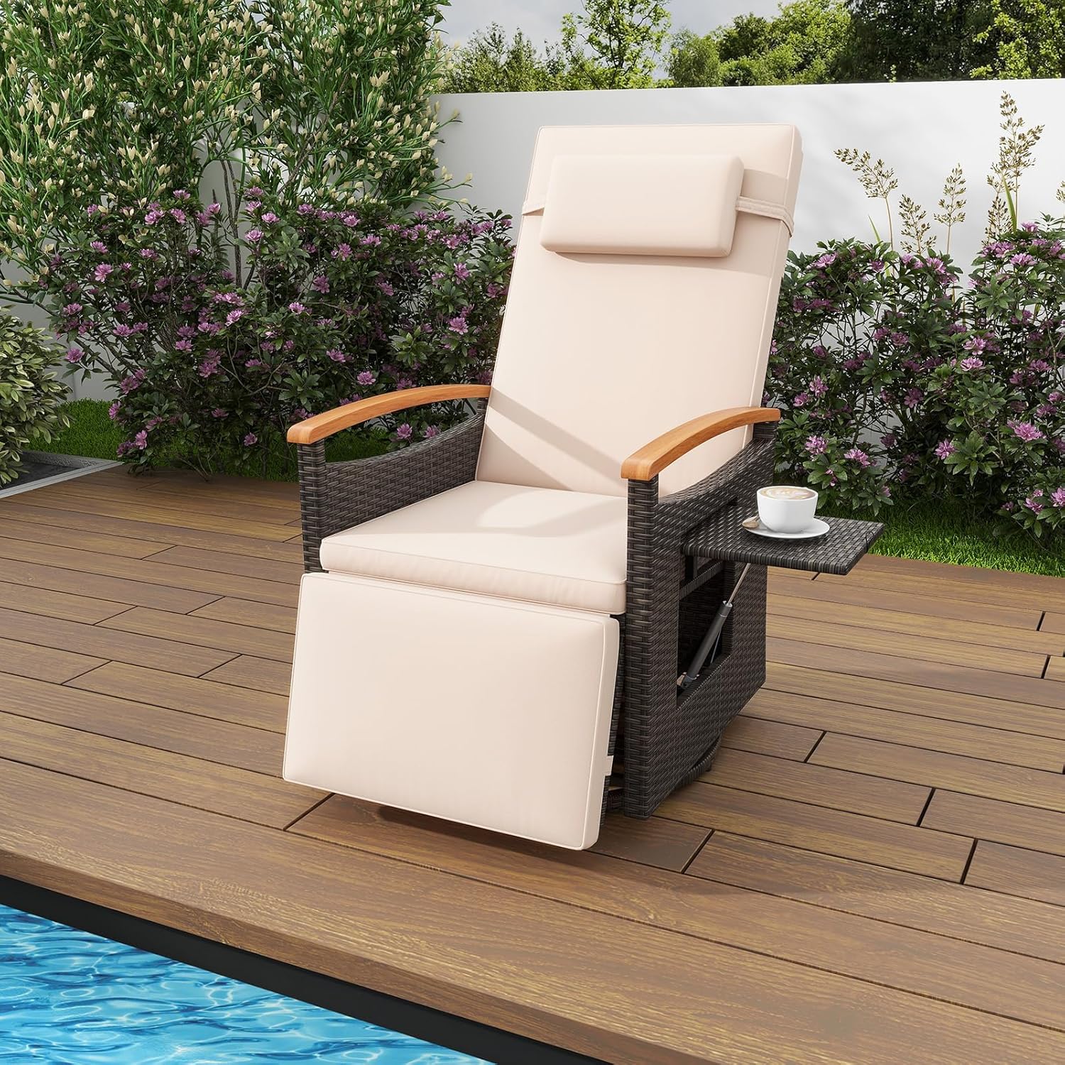 HAPPYGRILL Outdoor Swivel Rattan Recliner Chair, Patio Wicker Chaise Lounge with Adjustable Backrest & Footrest, Flip Side Table & Cushions for Outside Porch, Poolside, Backyard