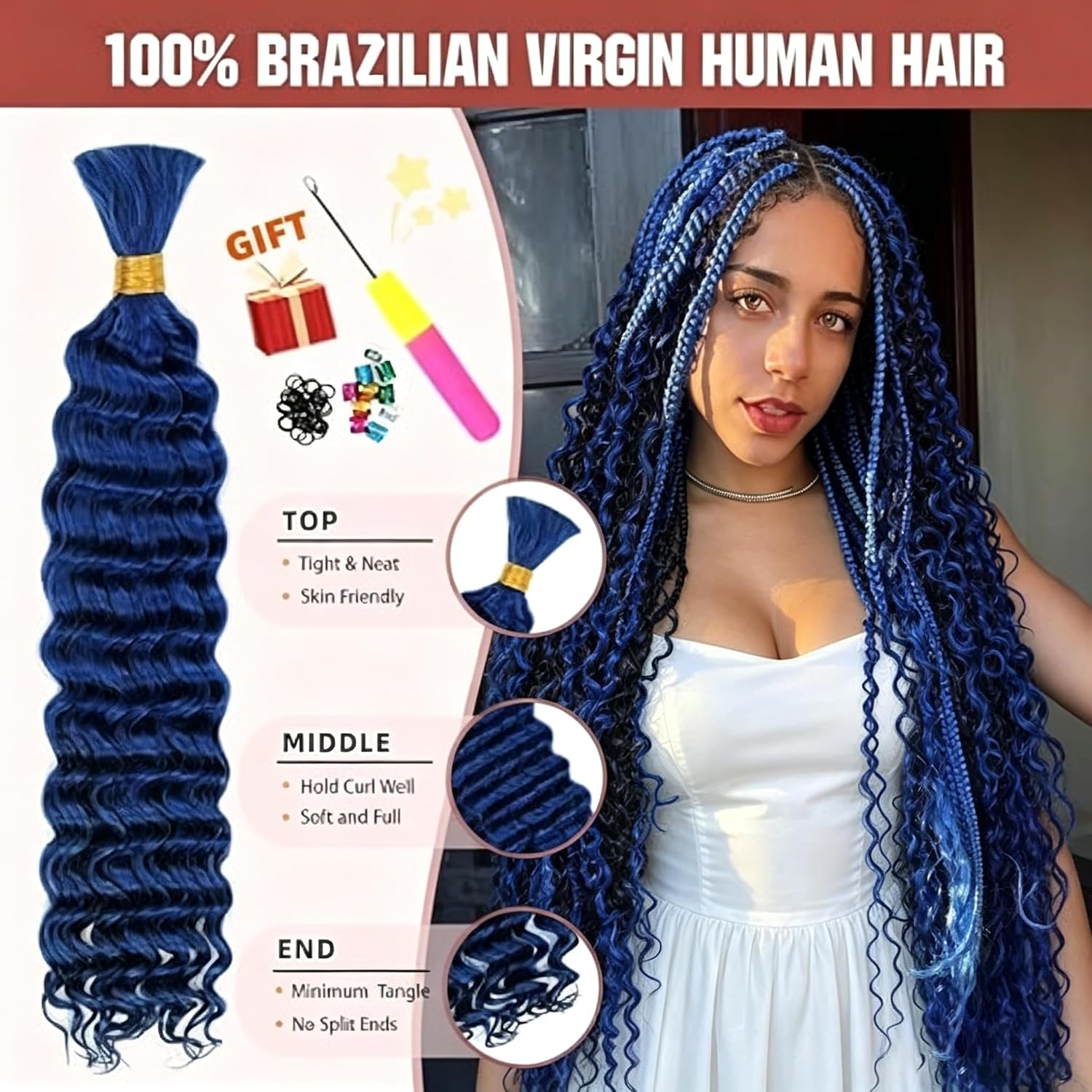 Boho Hair for Braiding Human Hair - 120G 3 Bundles/Pack Blue, Wet and Wavy, No Weft, Full, Deep Wave 12A Unprocessed Brazilian Virgin Curly Human Braiding Hair for Knotless Braids
