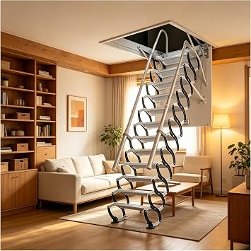 Attic Ladder 8.8-9.8 ft, 12-Step Folding Stairs with Handrail
