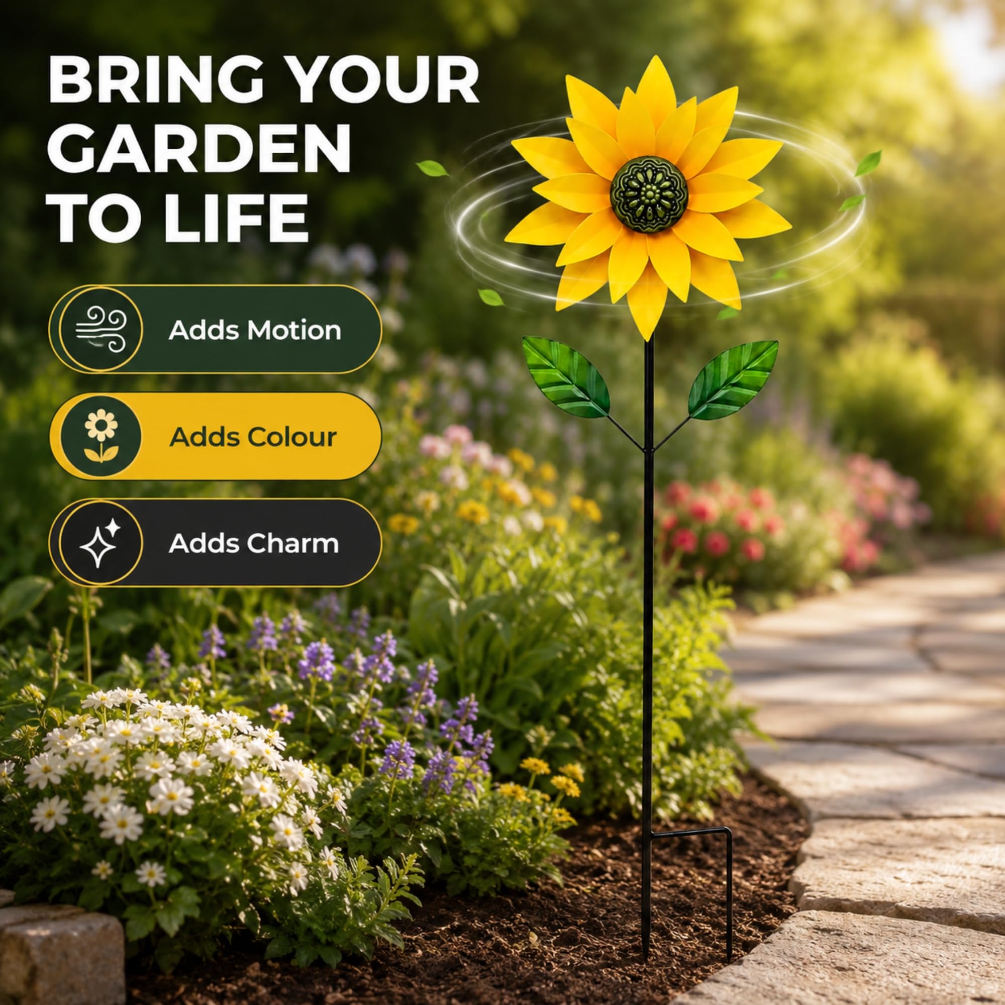 Girandola a vento in metallo con fiore (giallo) - Kinetic Outdoor Yard Art Decor, scultura rotante a vento di girasole per prato patio decorazione giardino