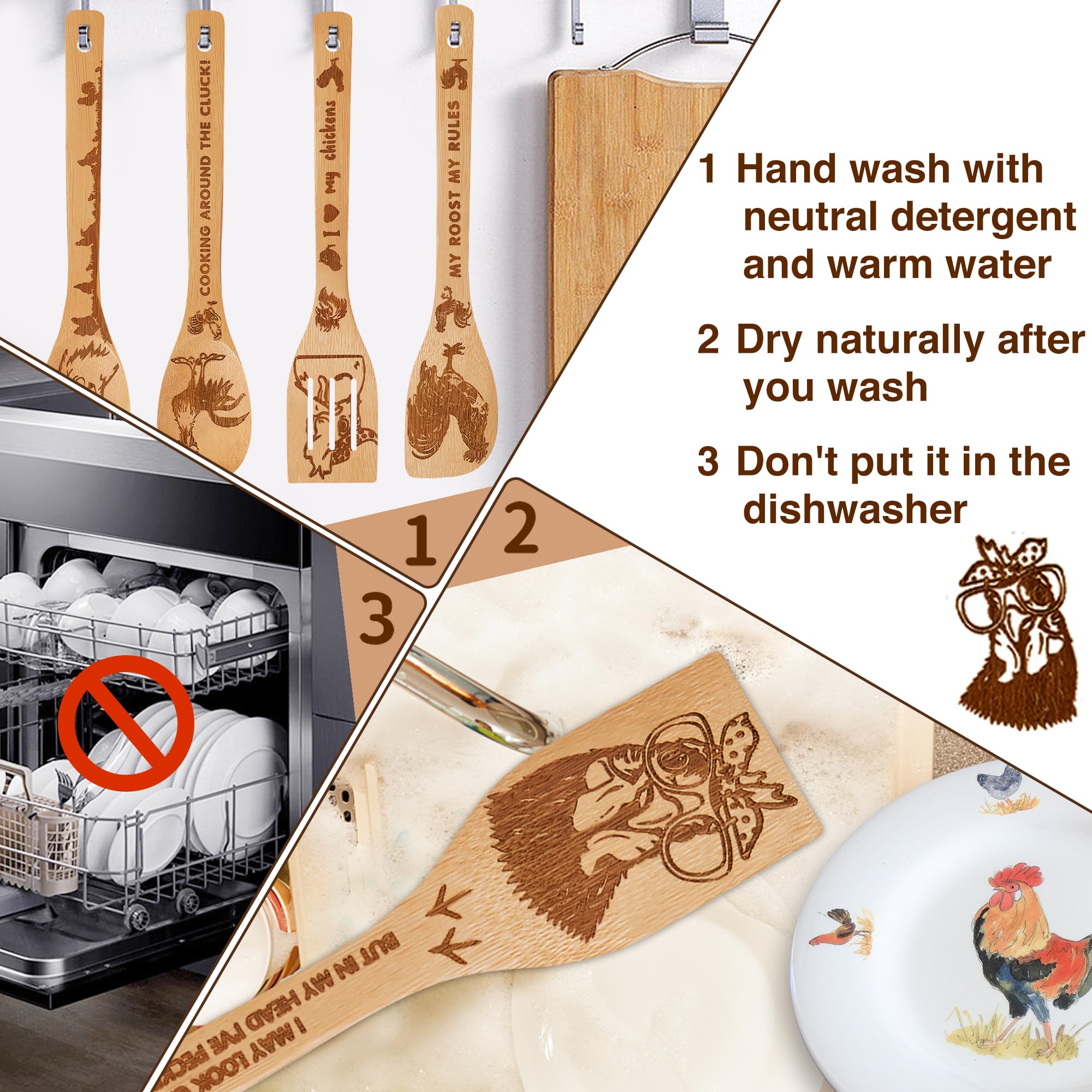 Juego de 6 cucharas de madera de bambú para cocinar (gallo)