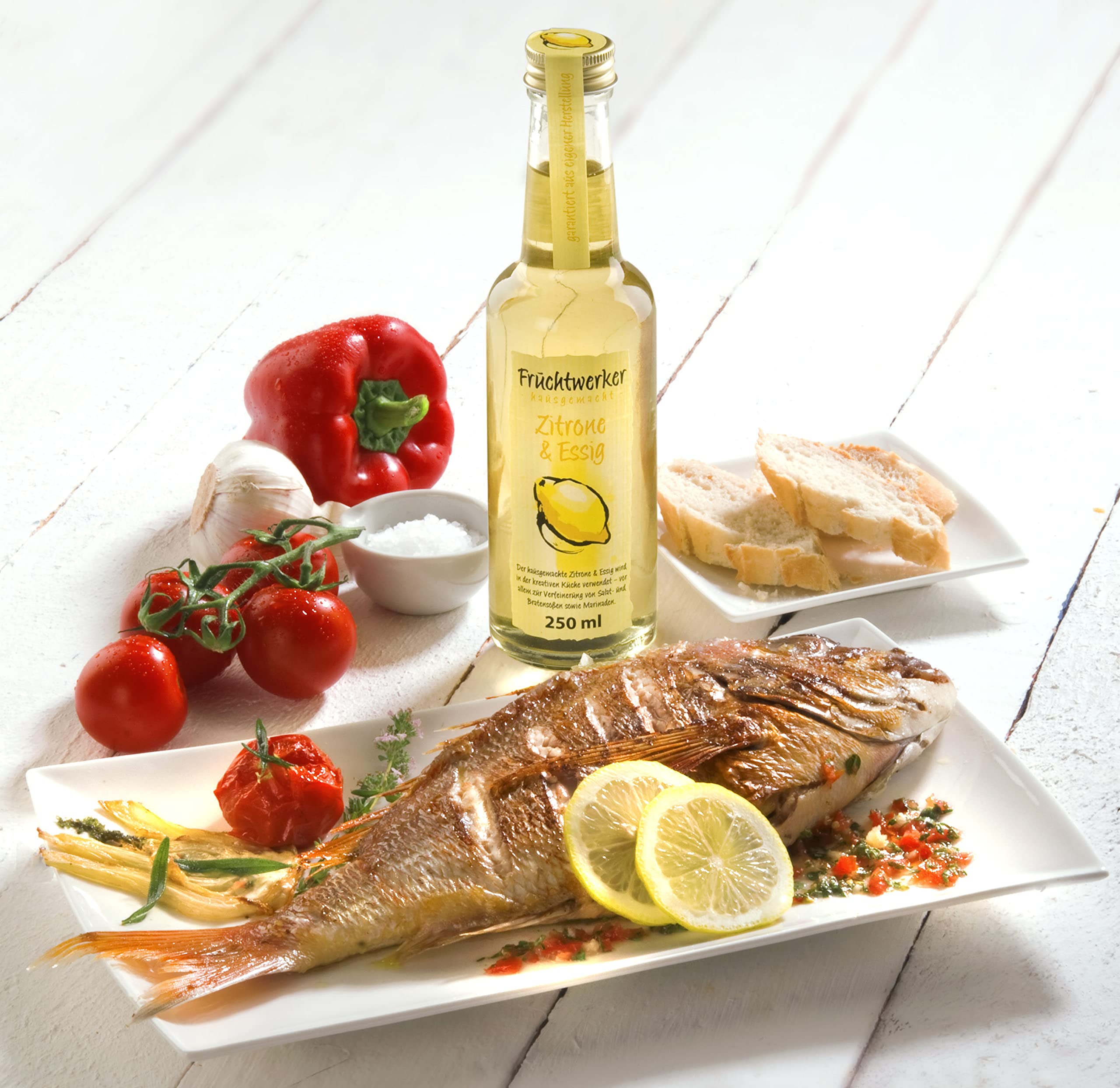 Fruchtwerker Set di aceto e frutta, diverse varietà, fruttato, aceto di frutta, aceto di frutta, set di aceto, puro vegetale, dolce, in bottiglie di vetro (fragola + mela + limone)