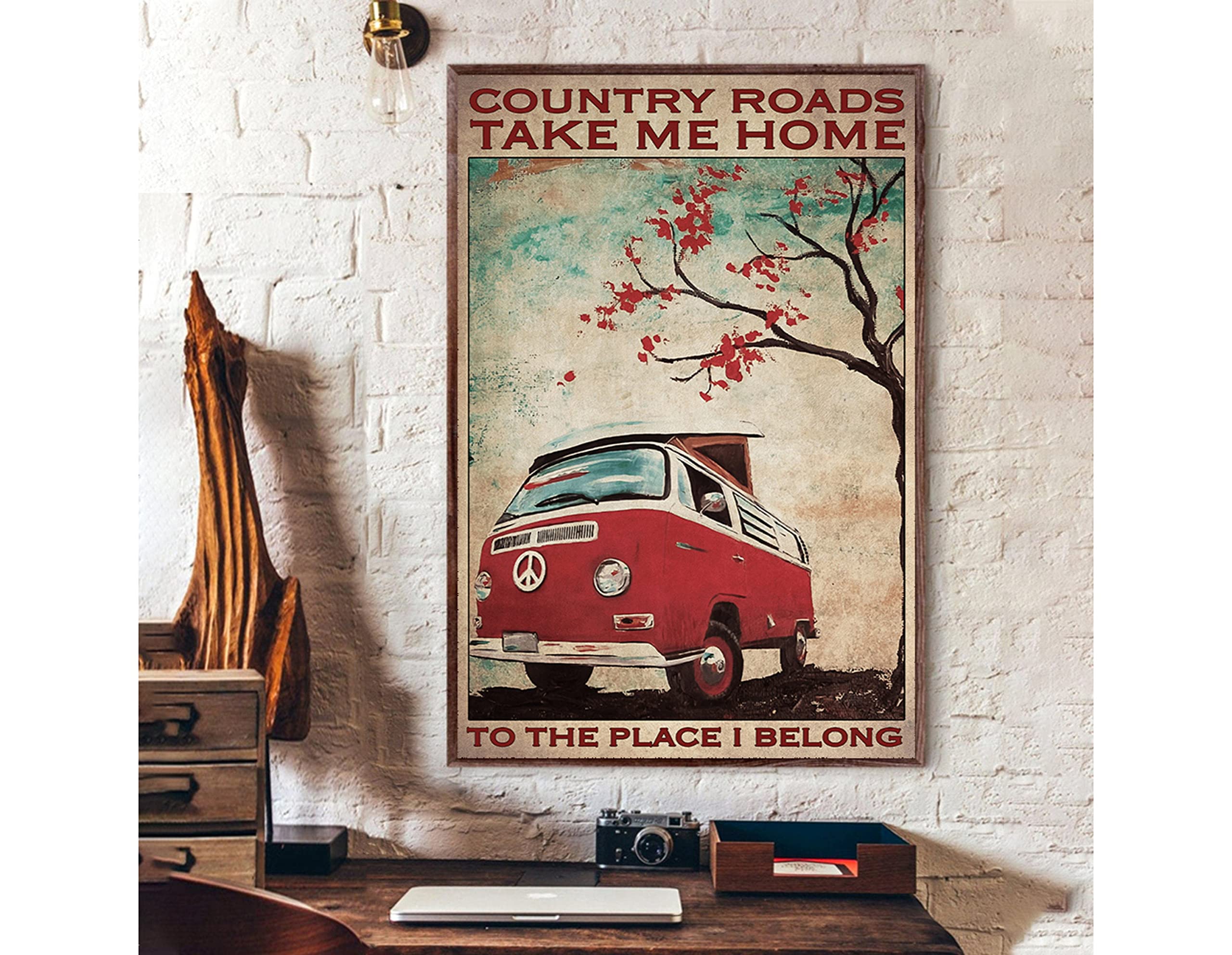Inga Country Roads Take Me Home To The Place I Belong Hippie Poster Hippie Wall Decor Hippie Metal Tin Sign Poster 8x12 inches
