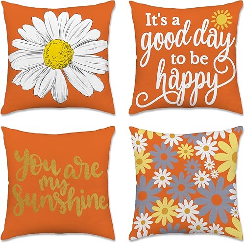 Hexagram Juego de 4 fundas de almohada de primavera y verano de 18 x 18 pulgadas, fundas decorativas naranjas florales para exteriores, fundas