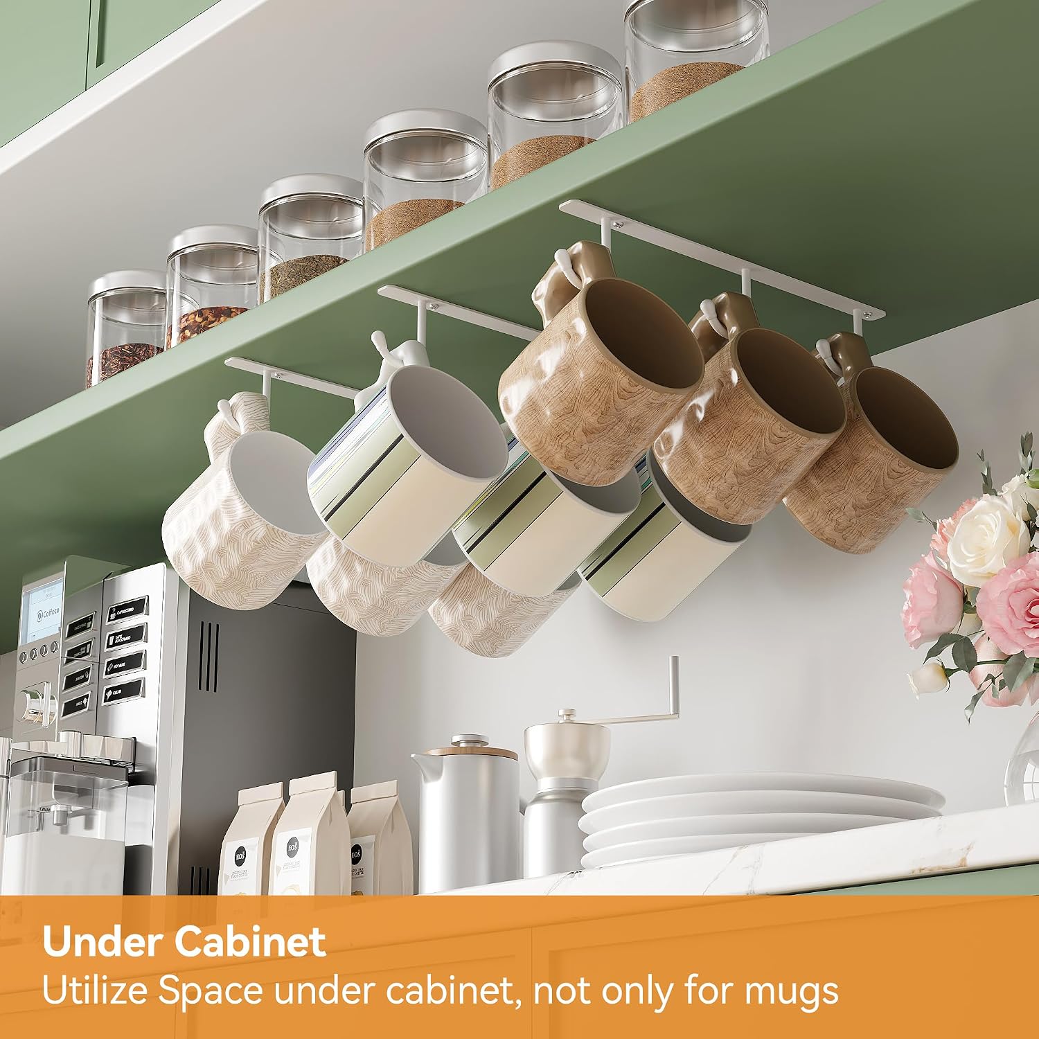 ECROCY Coffee Mug Holder Screw Mounting, 3 Pack Coffee Cup Holder with 9 Hooks, Sturdy Mug Hooks Under Cabinet with Wide Hook Spacing