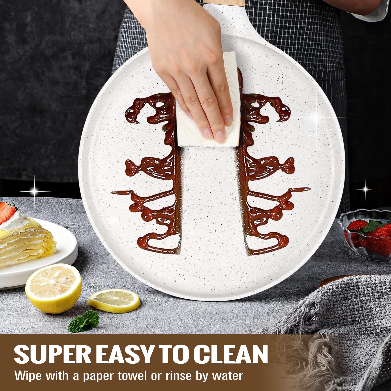 SouxMux Sartén antiadherente para crepes de 11 pulgadas con esparcidor, sartén Dosa Tawa con revestimiento de cerámica, sartén plana compatible con inducción para panqueques, tortillas y más con mango