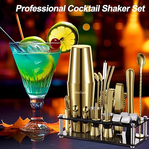 Miniatura 6 de Juego de coctelera de camarero, 23 piezas Boston Shaker Set, kit de coctelería, juego de bar con soporte, juego de coctelera de bar, juego de
