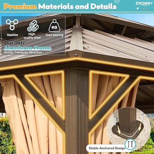 Miniatura 4 de EROMMY - Kiosco de techo rígido de 12 x 16 pies, kiosco de techo doble de acero galvanizado con marco de aluminio, permanente, de metal, para