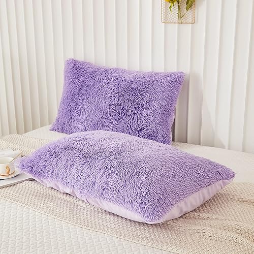 Miniatura 3 de Juego de 2 fundas de almohada esponjosas de piel sintética, terciopelo lanudo de color lavanda, tamaño estándarqueen, cierre de cremallera (20 x 26