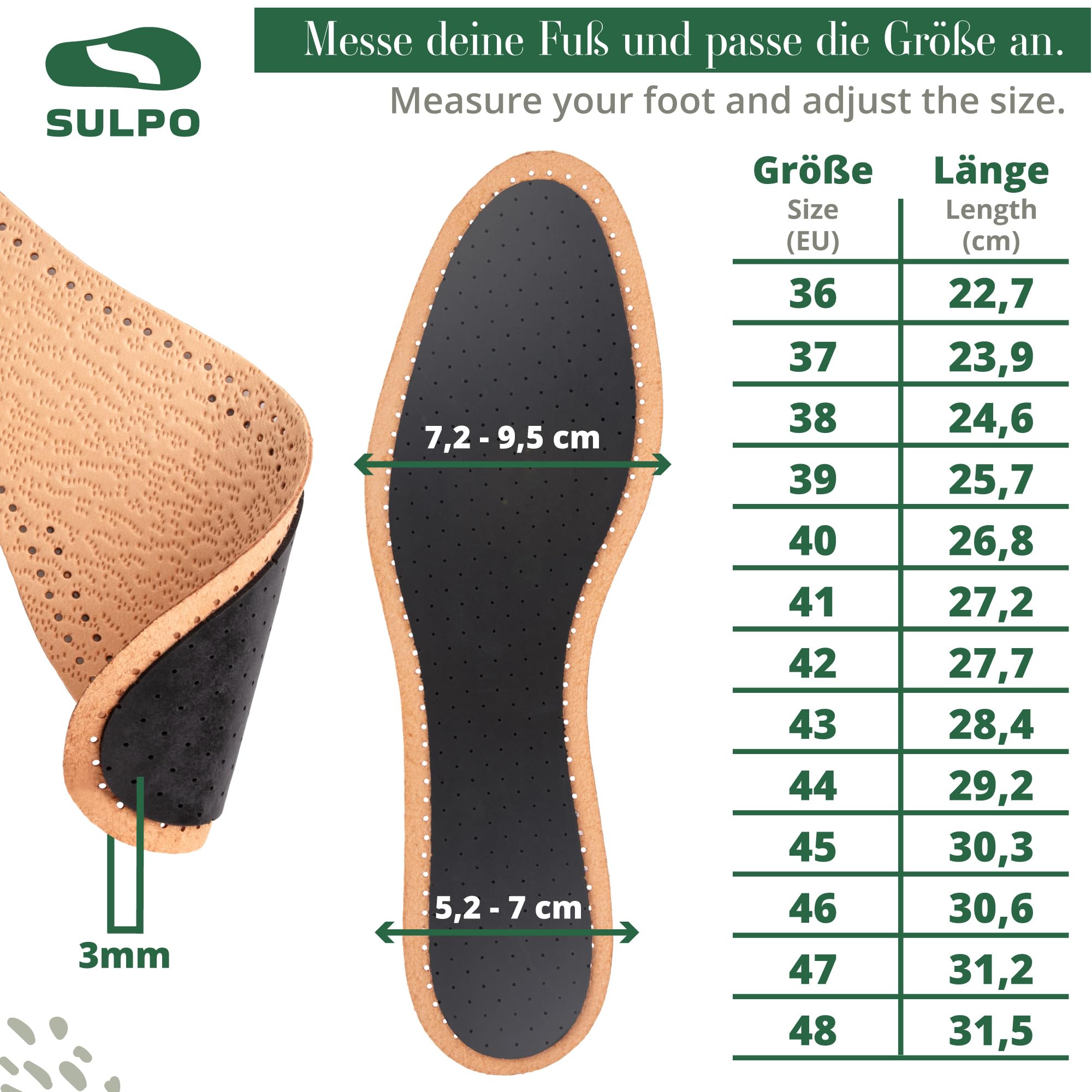 SULPO 3 pares de plantillas de piel auténtica, plantillas de carbón activado, absorben los olores y antisudor, transpirable